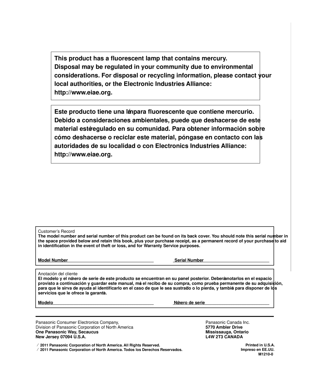 Panasonic TC-L37U3, TC-L32U3, TC-L42U30 owner manual Customer’s Record, Anotación del cliente, Ambler Drive 