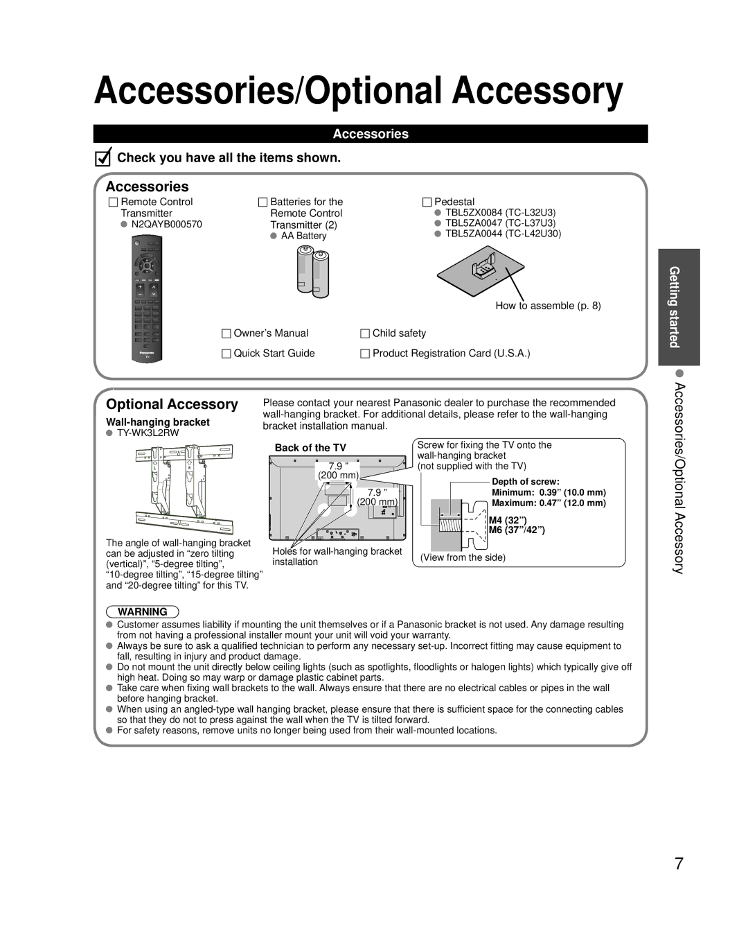 Panasonic TC-L32U3, TC-L37U3, TC-L42U30 owner manual Accessories/Optional Accessory 