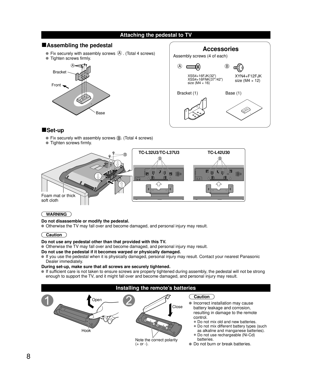 Panasonic owner manual Attaching the pedestal to TV, Installing the remote’s batteries, TC-L32U3/TC-L37U3TC-L42U30 