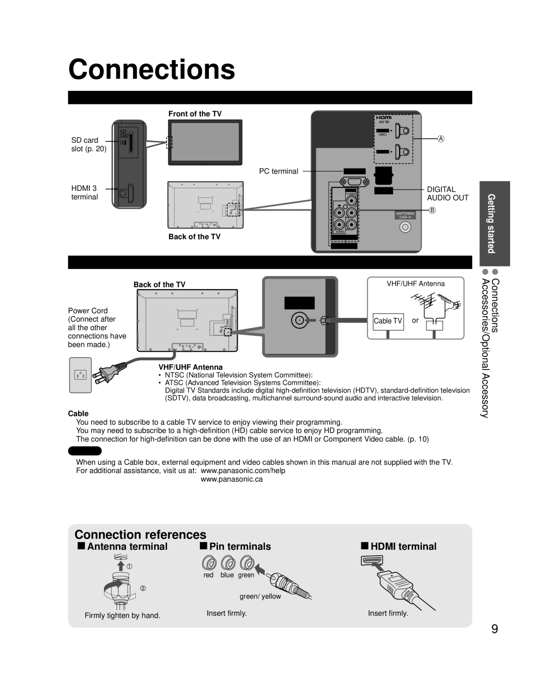 Panasonic TC-L37U3, TC-L32U3, TC-L42U30 owner manual Connections, Connection Panels, Antenna or Cable connection 