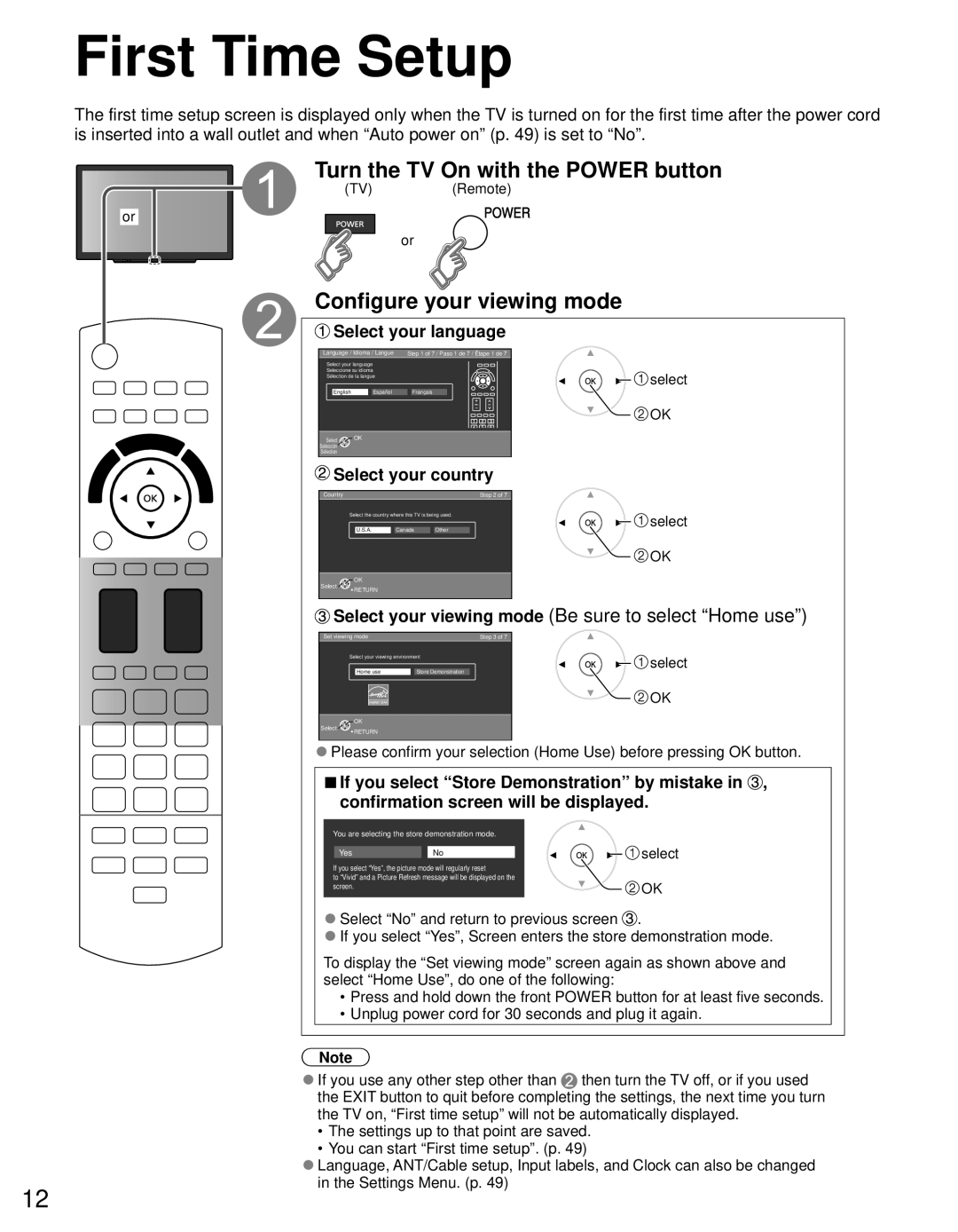 Panasonic TC-L42D30 owner manual First Time Setup, Turn the TV On with the Power button, Configure your viewing mode 