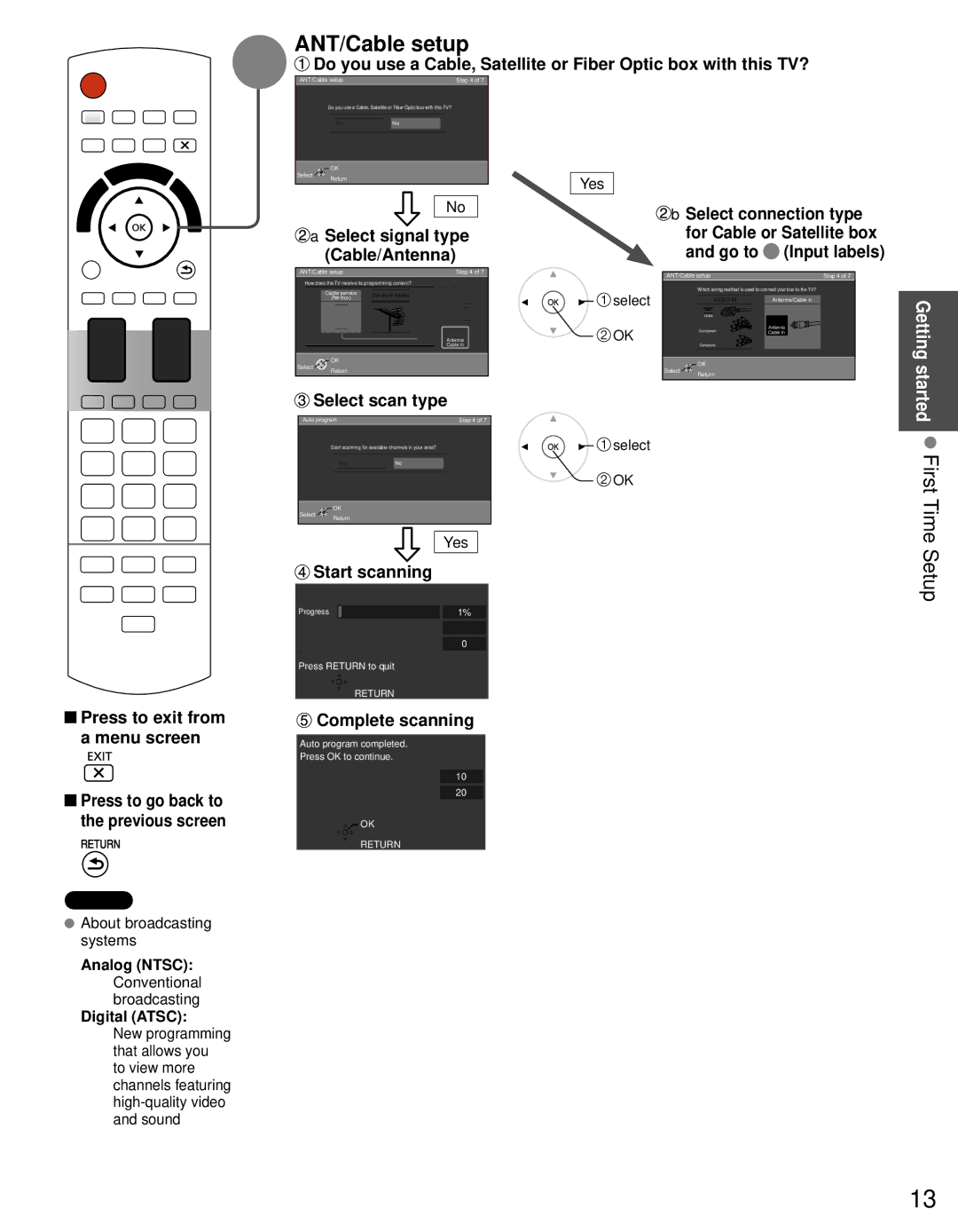 Panasonic TC-L42D30 owner manual ANT/Cable setup, Started First Time Setup 