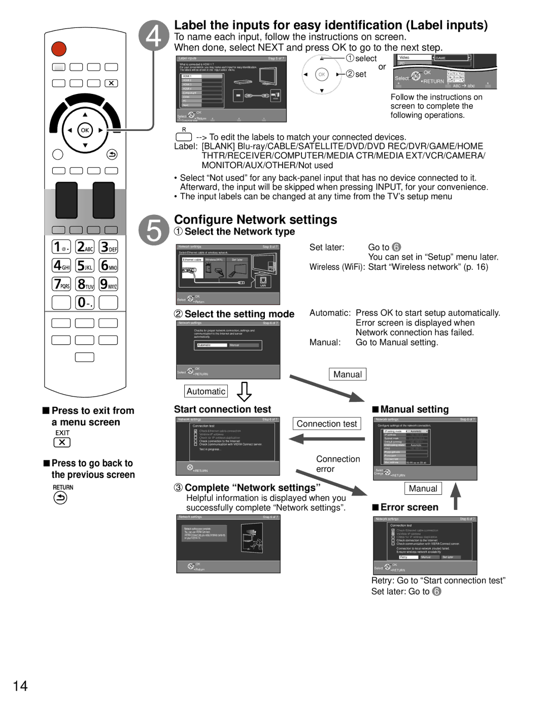 Panasonic TC-L42D30 owner manual Label the inputs for easy identification Label inputs, Configure Network settings 