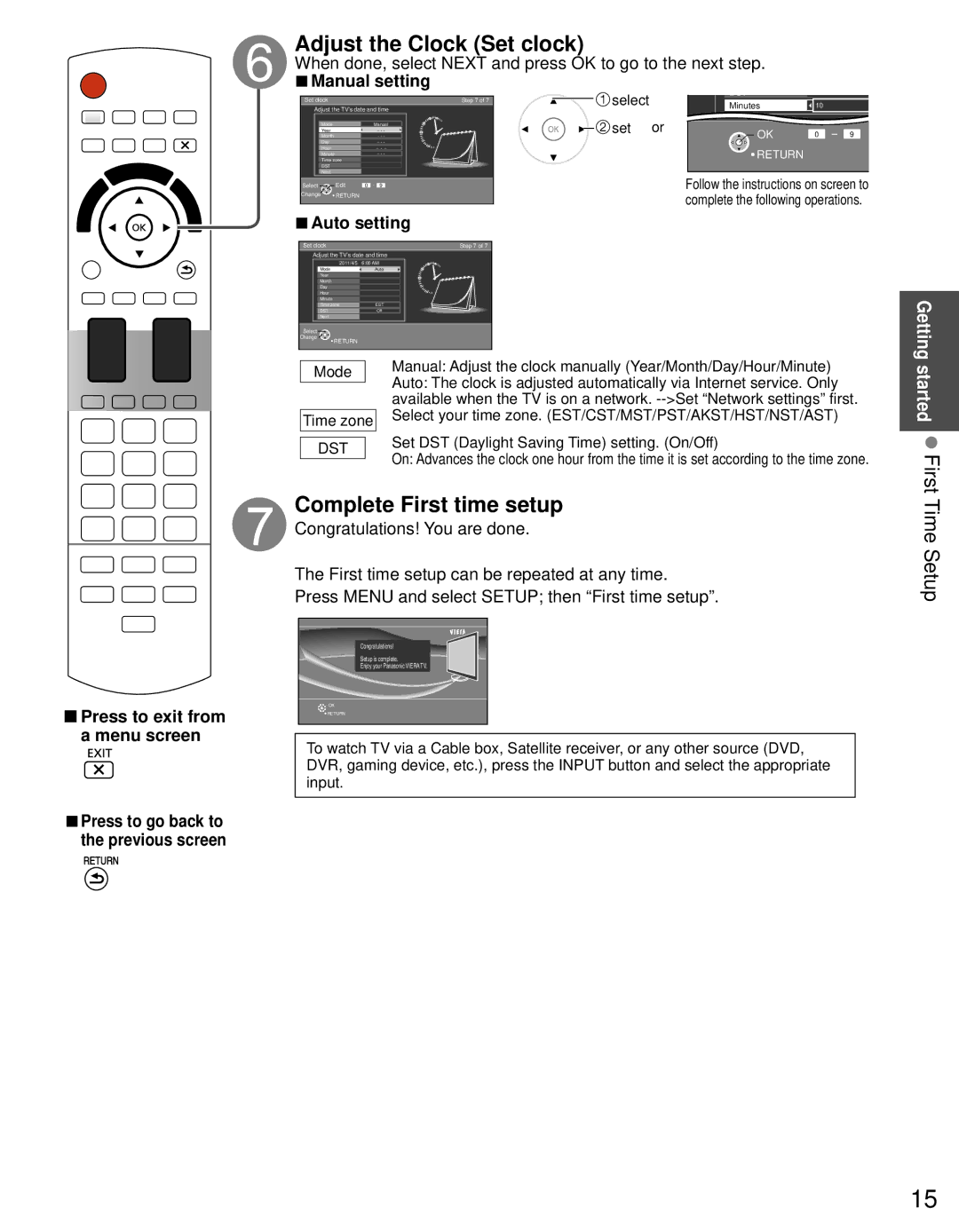 Panasonic TC-L42D30 owner manual Adjust the Clock Set clock, Complete First time setup, Manual setting, Auto setting 