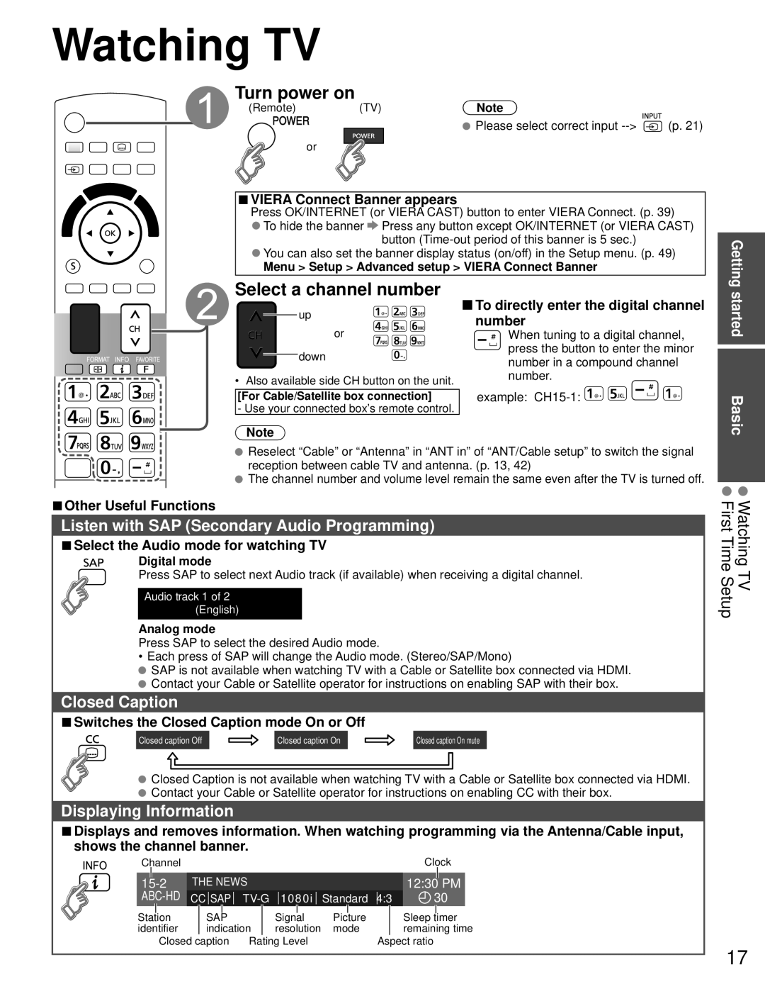 Panasonic TC-L42D30 owner manual Watching TV, Turn power on, Select a channel number 