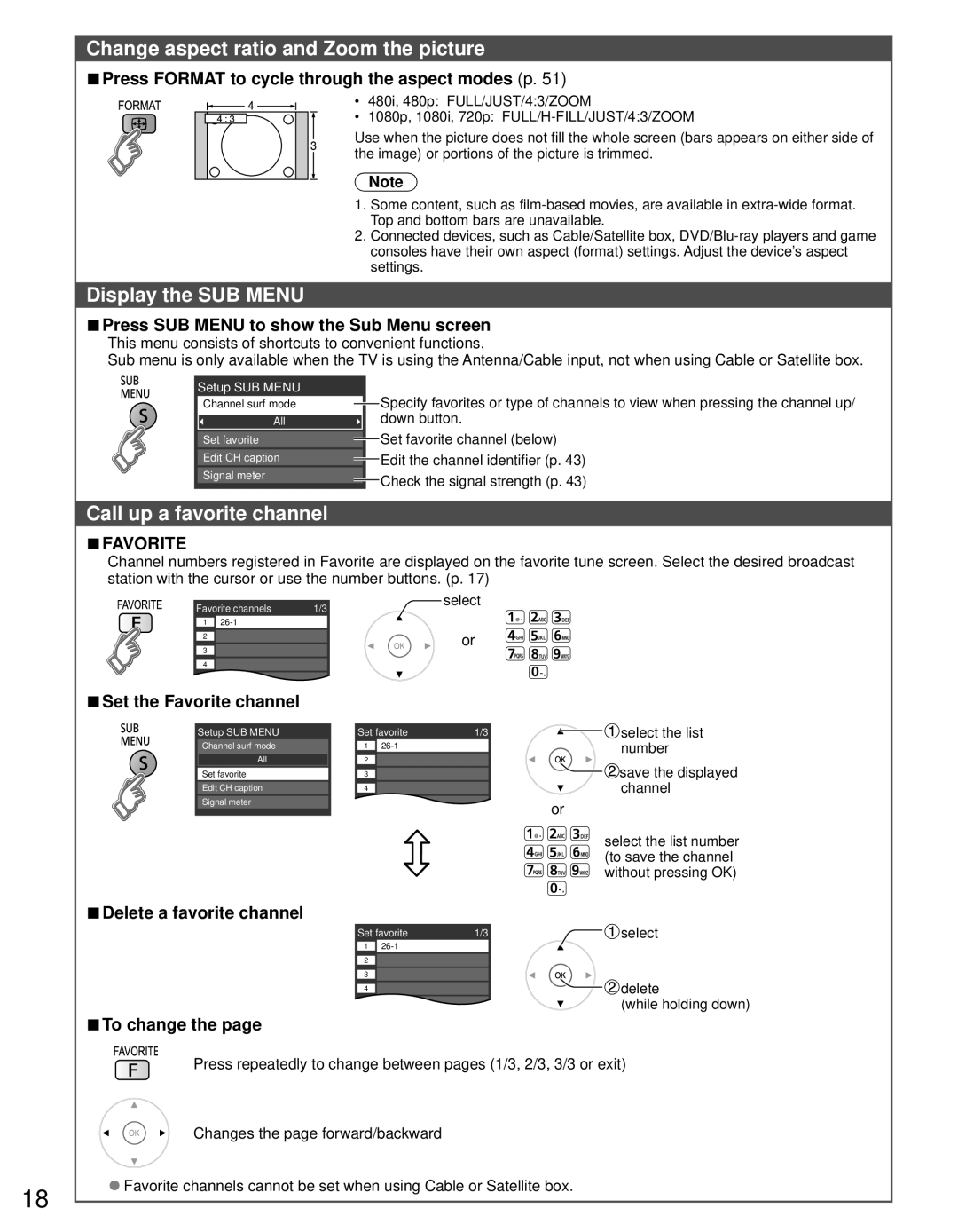 Panasonic TC-L42D30 owner manual Change aspect ratio and Zoom the picture, Display the SUB Menu, Call up a favorite channel 