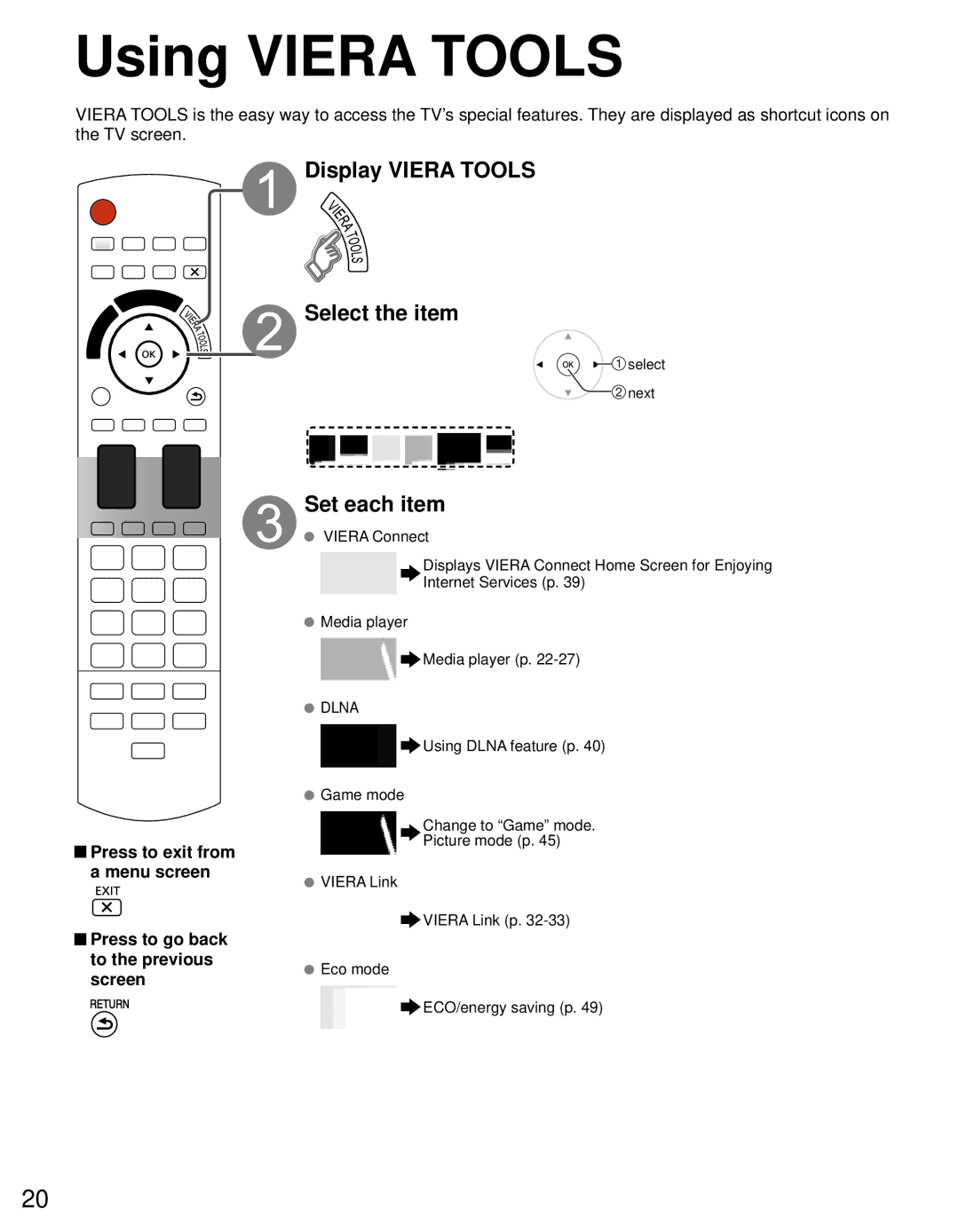 Panasonic TC-L42D30 owner manual Select the item Set each item, Using Viera Tools 