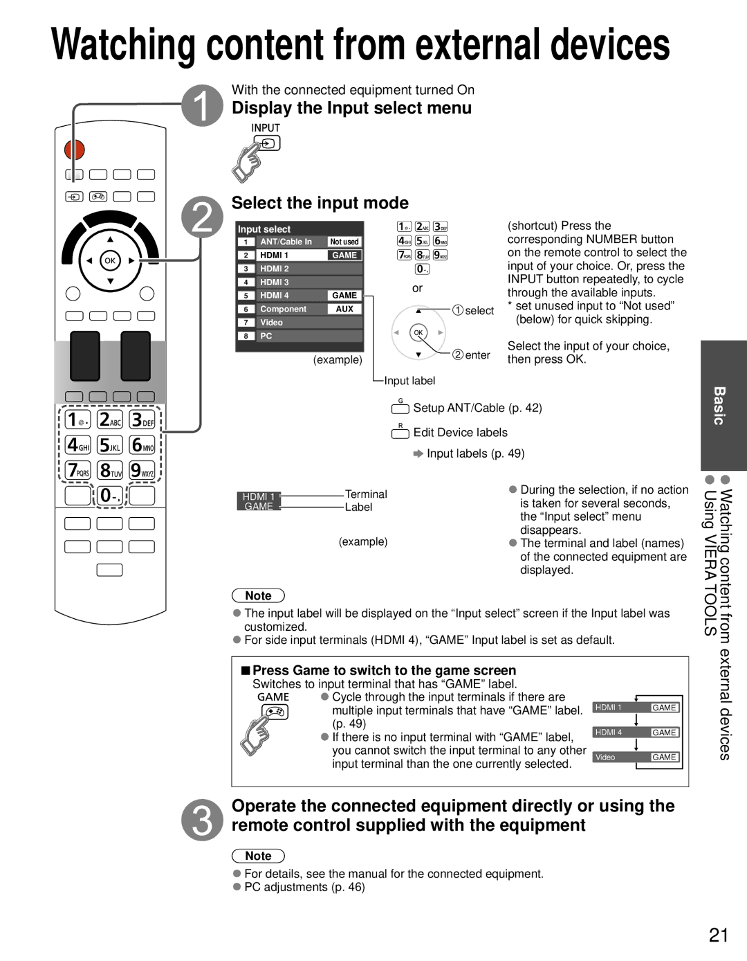 Panasonic TC-L42D30 owner manual Display the Input select menu Select the input mode, External devices 