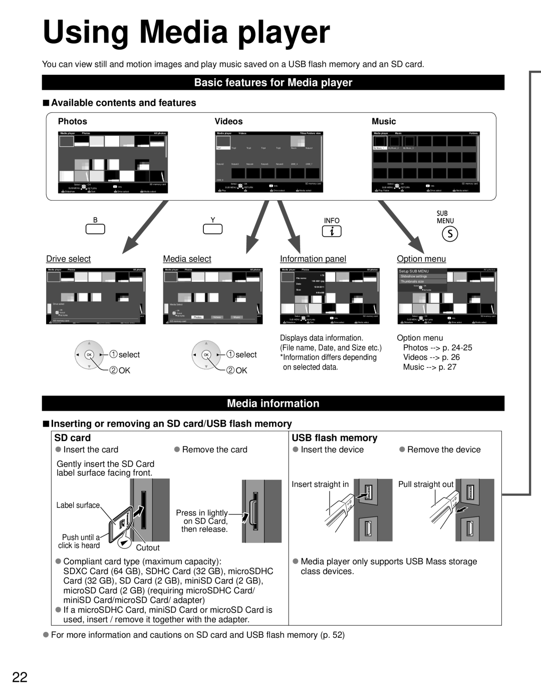 Panasonic TC-L42D30 owner manual Using Media player, Basic features for Media player, Media information 