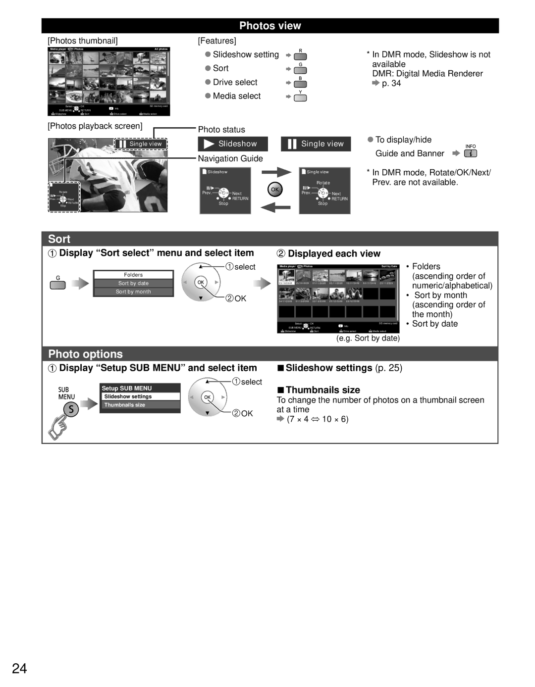 Panasonic TC-L42D30 Sort, Photo options, Photos view, Display Setup SUB Menu and select item Slideshow settings p 