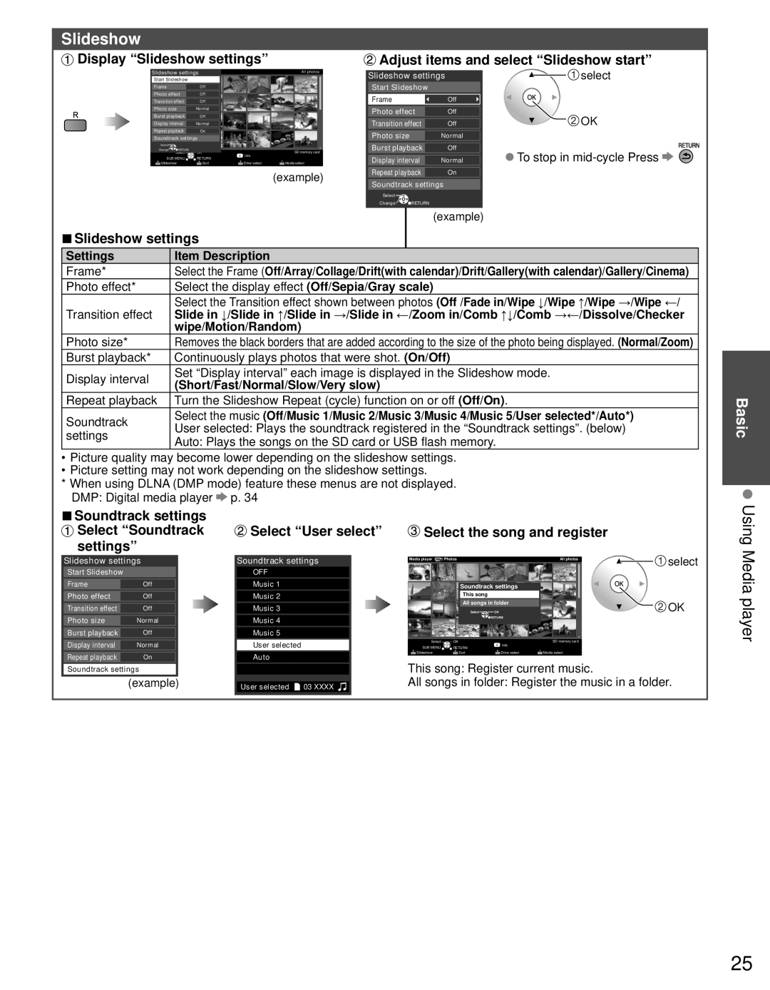 Panasonic TC-L42D30 owner manual Using, Media player, Slideshow settings 