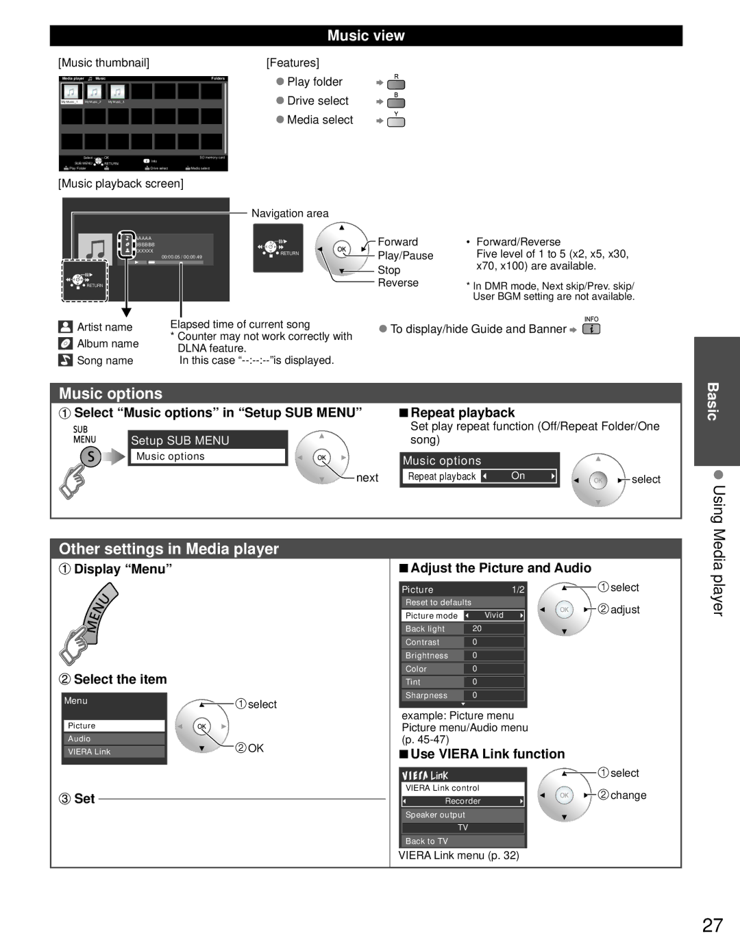 Panasonic TC-L42D30 owner manual Music options, Other settings in Media player, Music view 