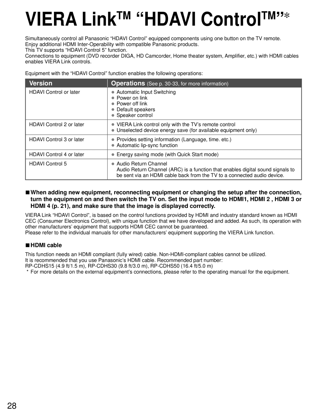 Panasonic TC-L42D30 owner manual Viera LinkTM Hdavi ControlTM, Version, Hdmi cable, Equipment only 