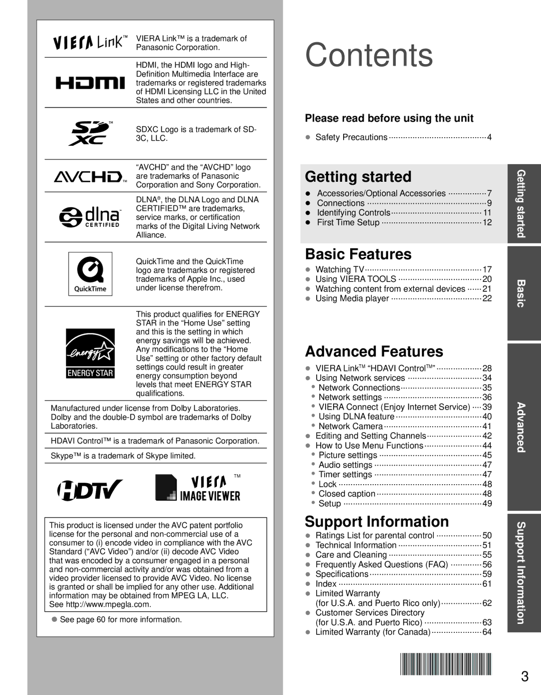 Panasonic TC-L42D30 owner manual Contents 