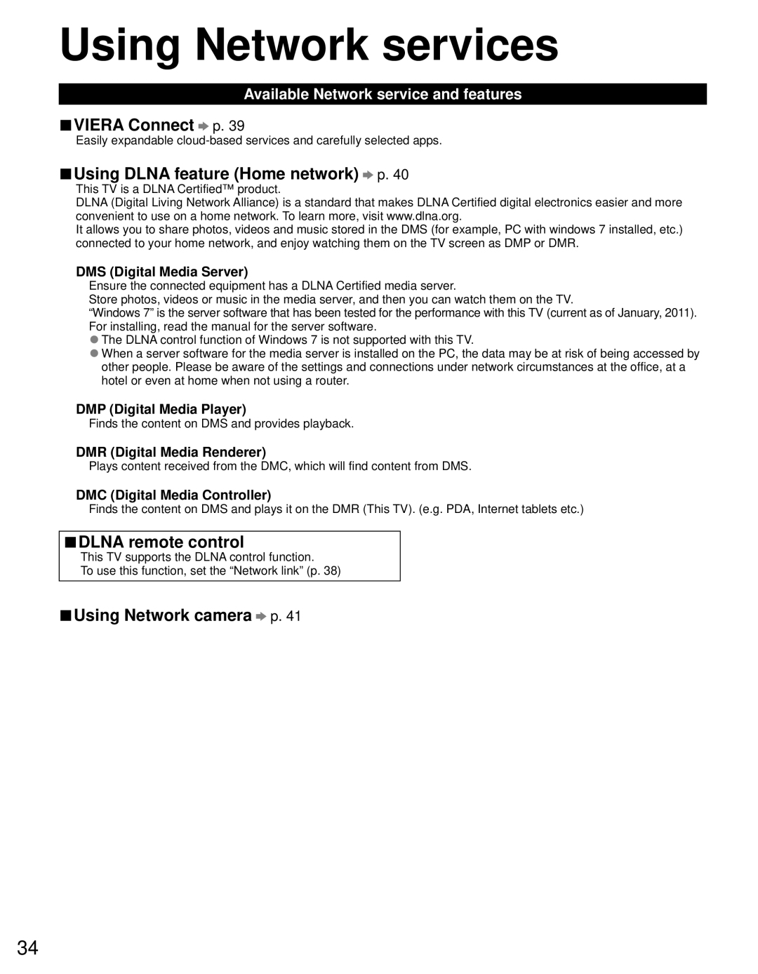 Panasonic TC-L42D30 Using Network services, Viera Connect p, Using Dlna feature Home network p, Dlna remote control 