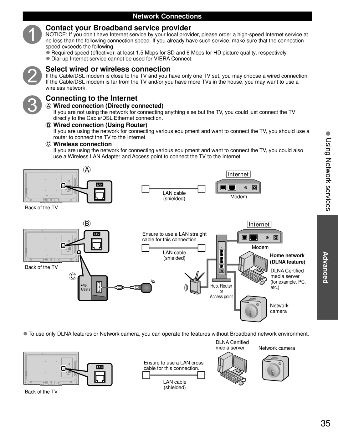 Panasonic TC-L42D30 Contact your Broadband service provider, Select wired or wireless connection, Using Network services 