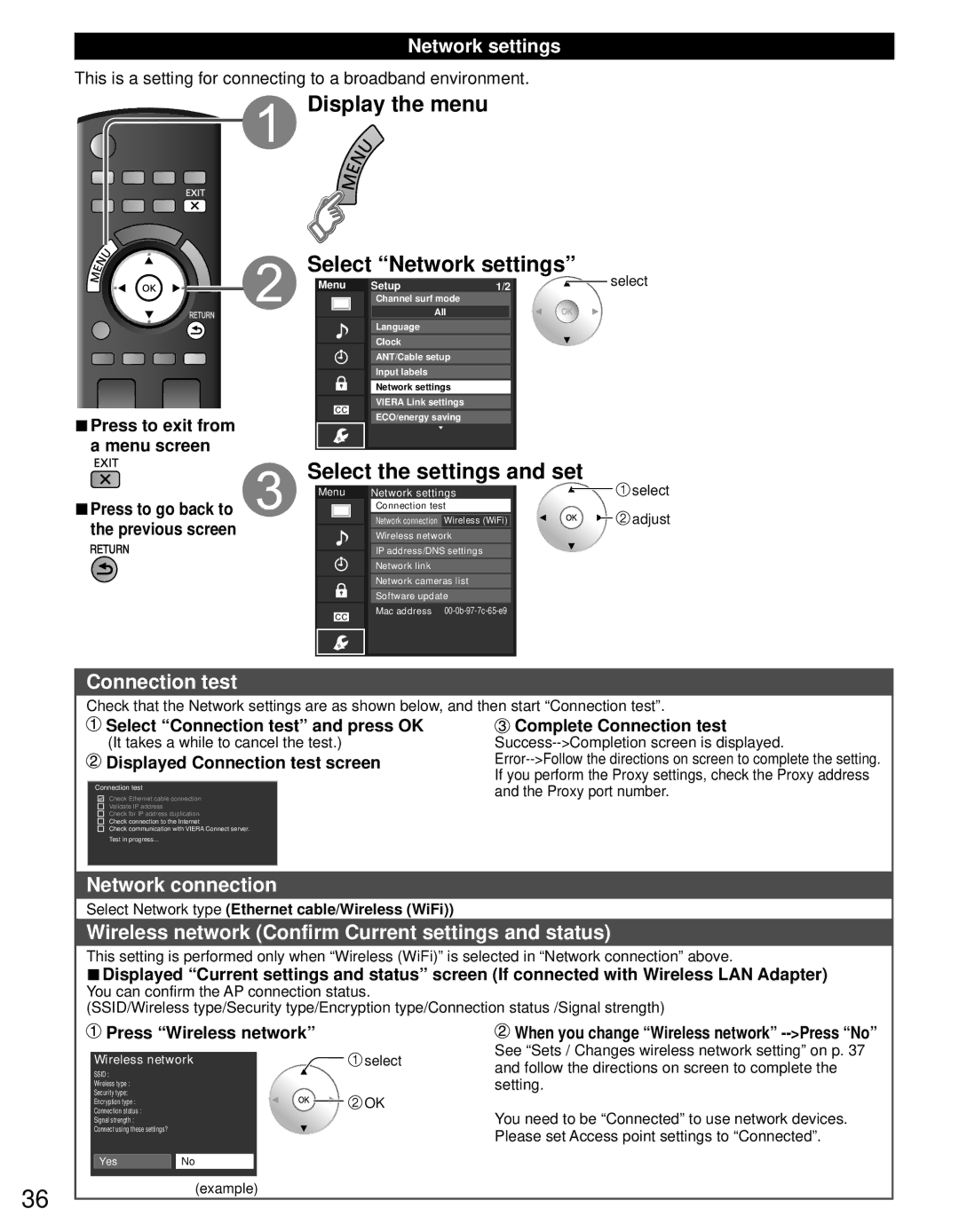 Panasonic TC-L42D30 owner manual Display the menu Select Network settings, Select the settings and set, Connection test 