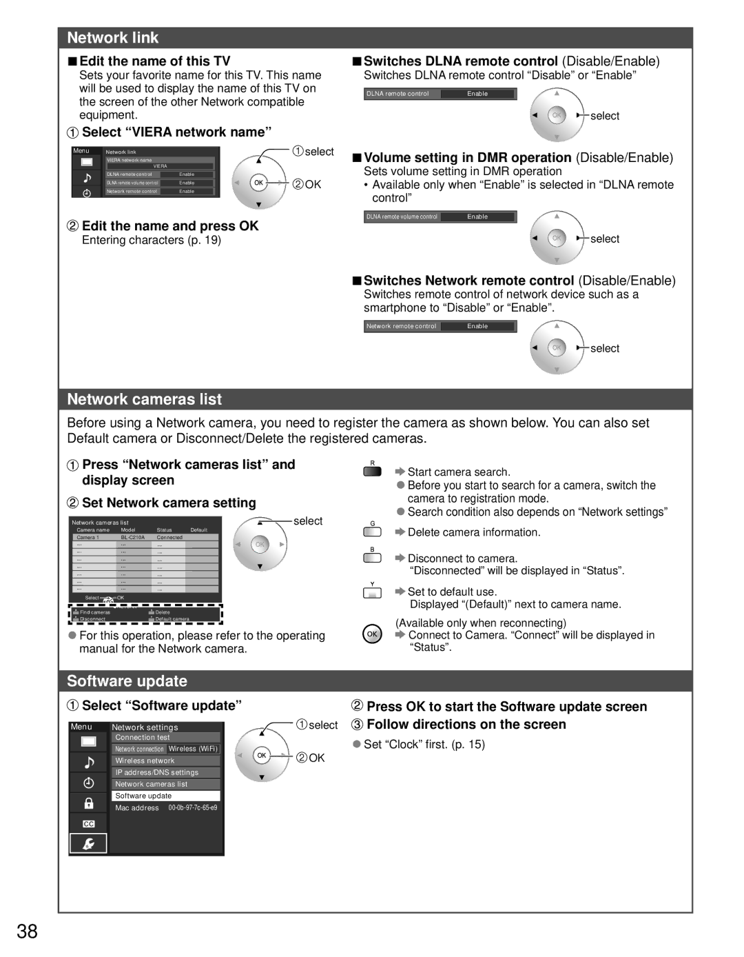 Panasonic TC-L42D30 owner manual Network link, Network cameras list, Software update 