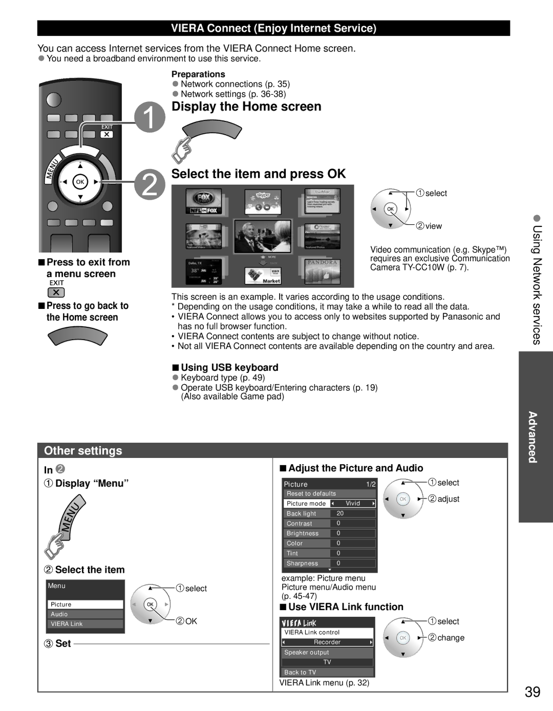 Panasonic TC-L42D30 owner manual Display the Home screen, Select the item and press OK, Services, Other settings 