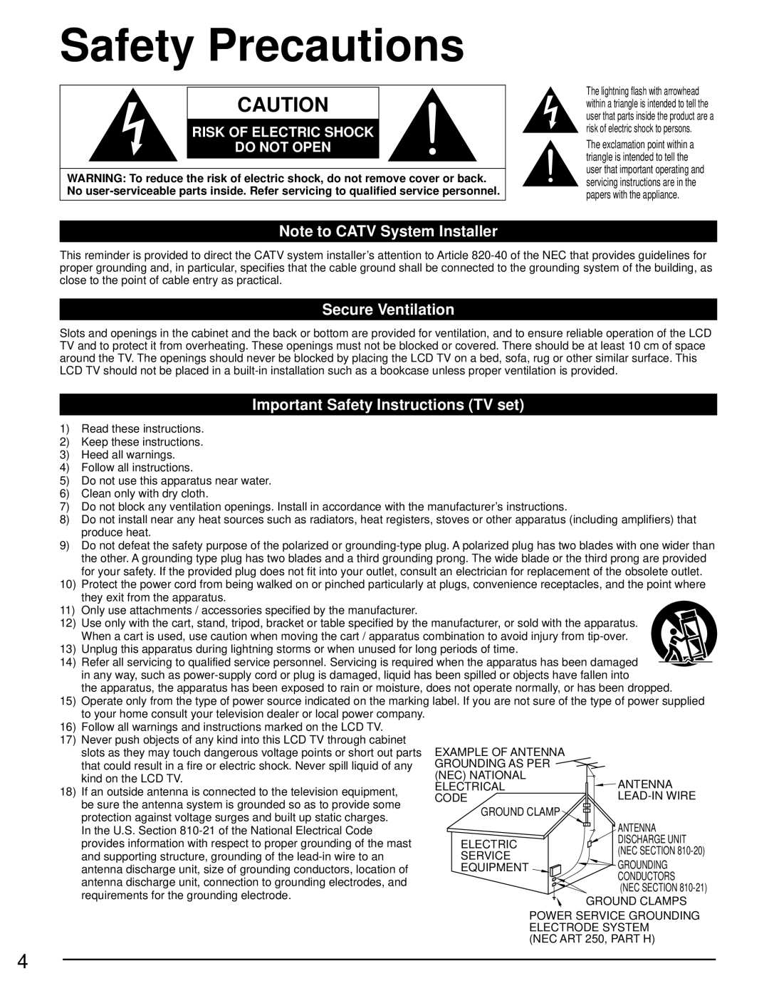 Panasonic TC-L42D30 owner manual Safety Precautions, Secure Ventilation, Important Safety Instructions TV set 