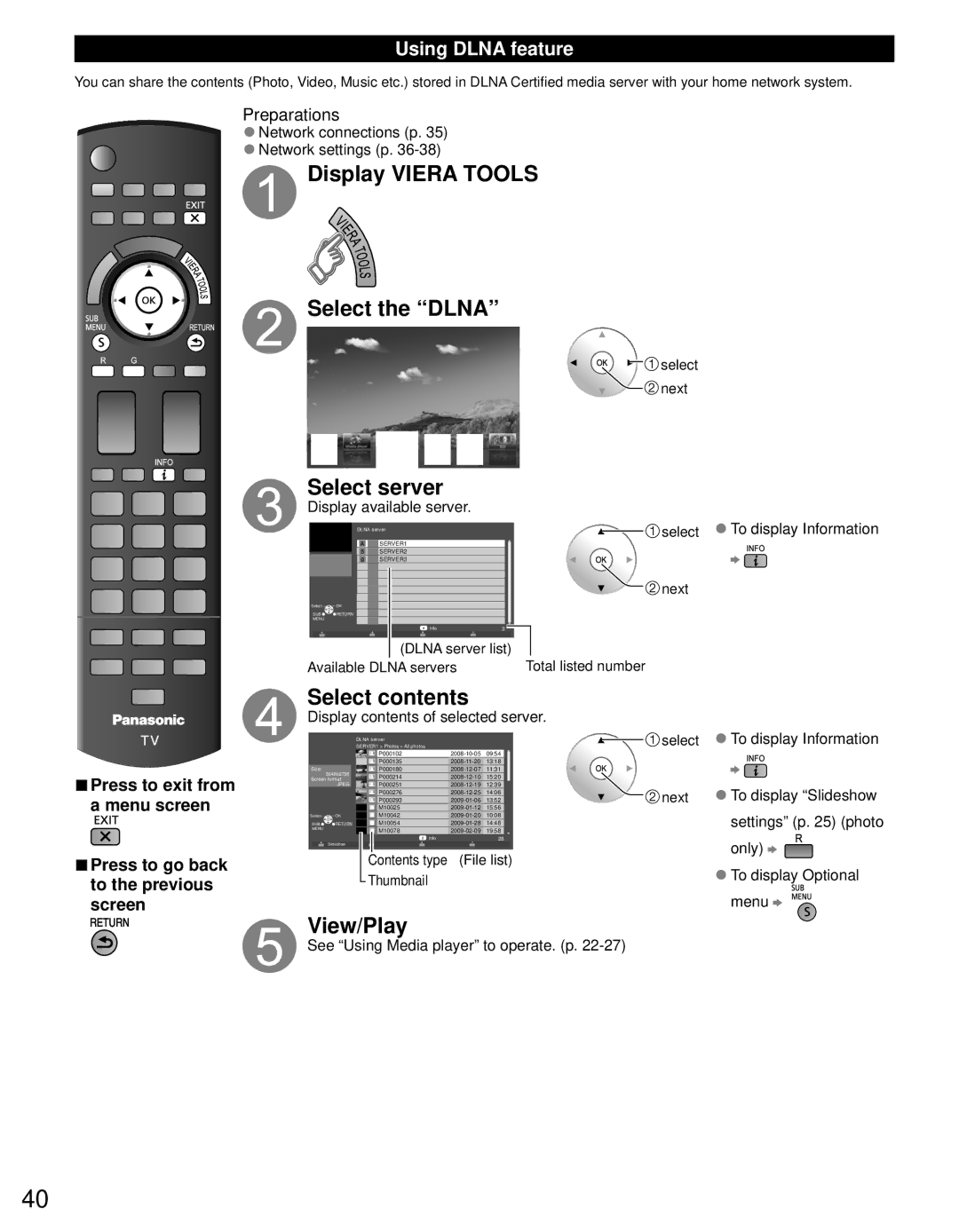 Panasonic TC-L42D30 owner manual Display Viera Tools Select the Dlna, Select server, Select contents, View/Play 