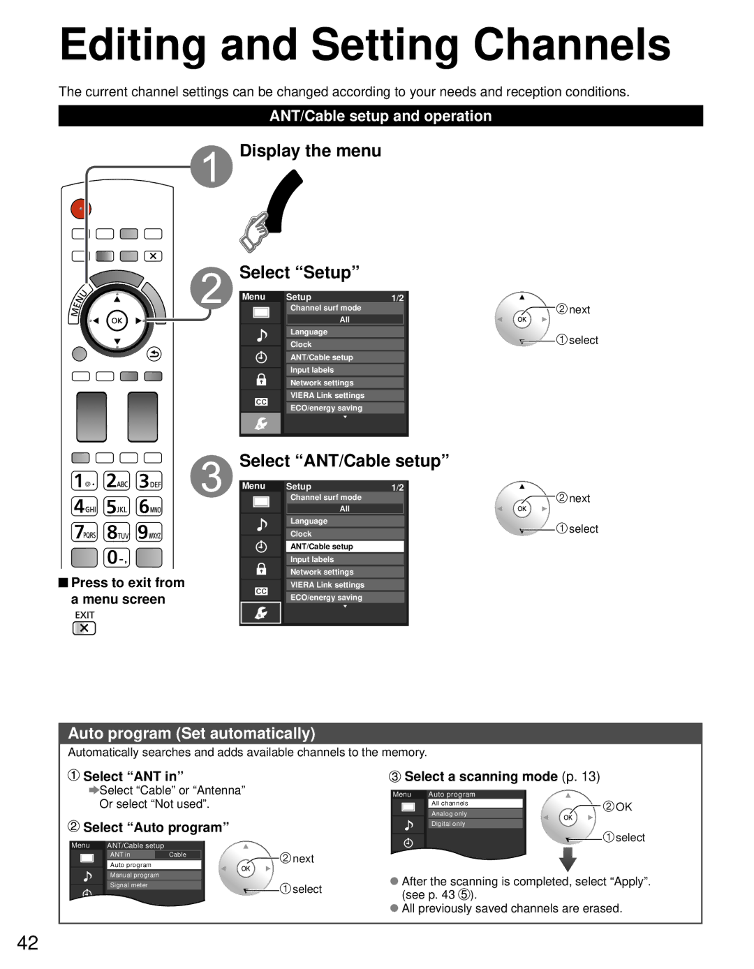 Panasonic TC-L42D30 owner manual Editing and Setting Channels, Display the menu Select Setup, Select ANT/Cable setup 