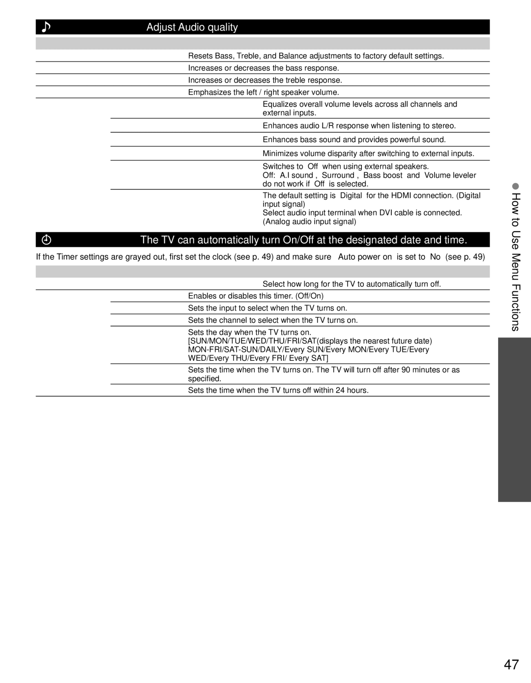 Panasonic TC-L42D30 owner manual Audio settings Adjust Audio quality 