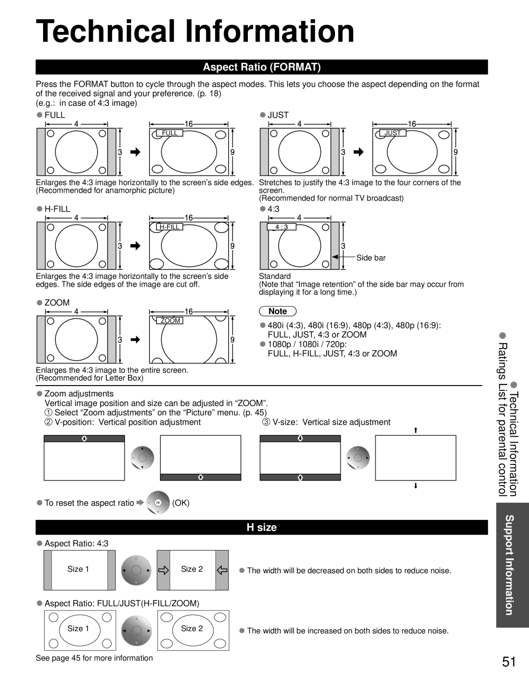 Panasonic TC-L42D30 owner manual Technical Information, Aspect Ratio Format, Size, Aspect Ratio FULL/JUSTH-FILL/ZOOM 