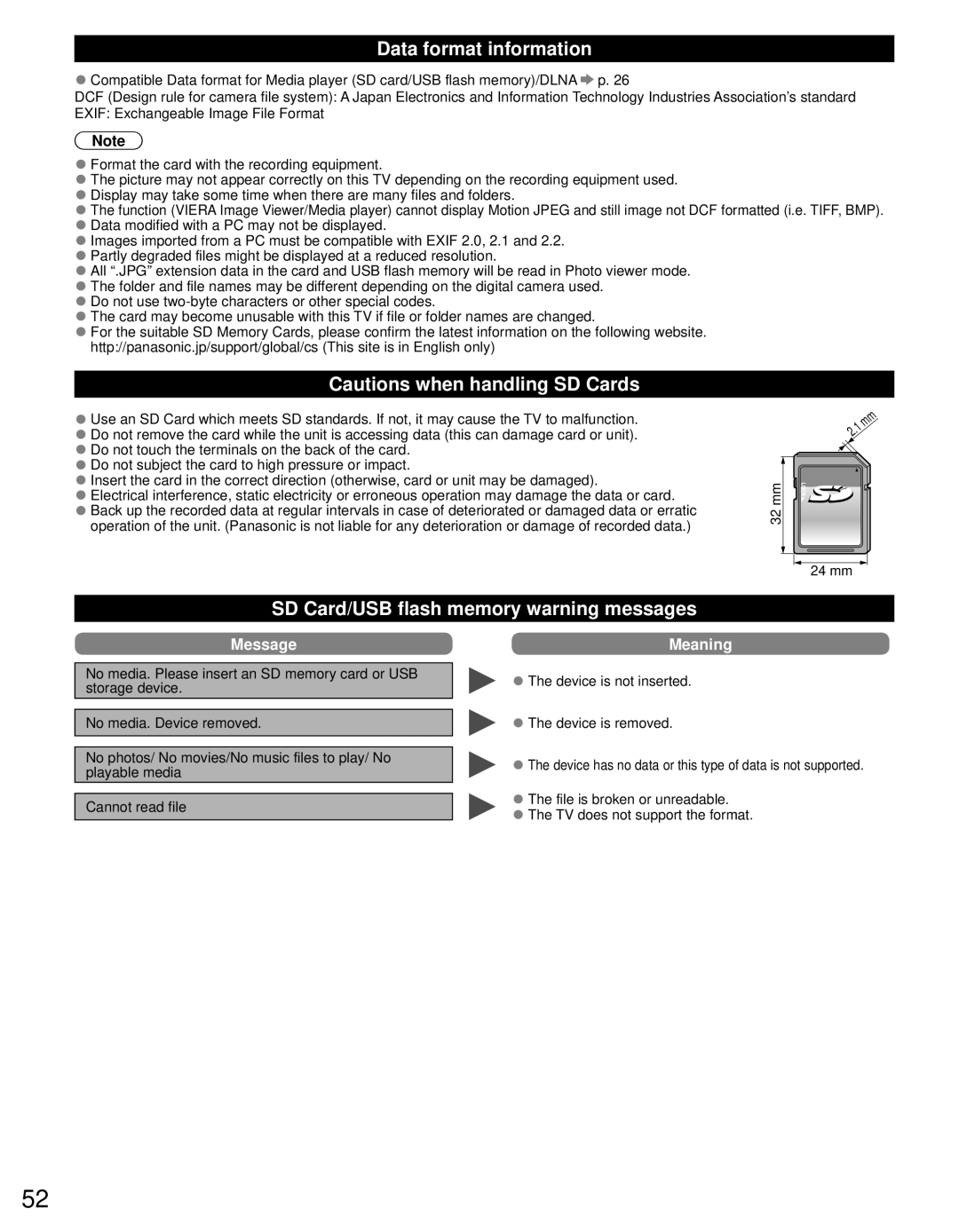 Panasonic TC-L42D30 owner manual Data format information, SD Card/USB flash memory warning messages, Mm32 24 mm 