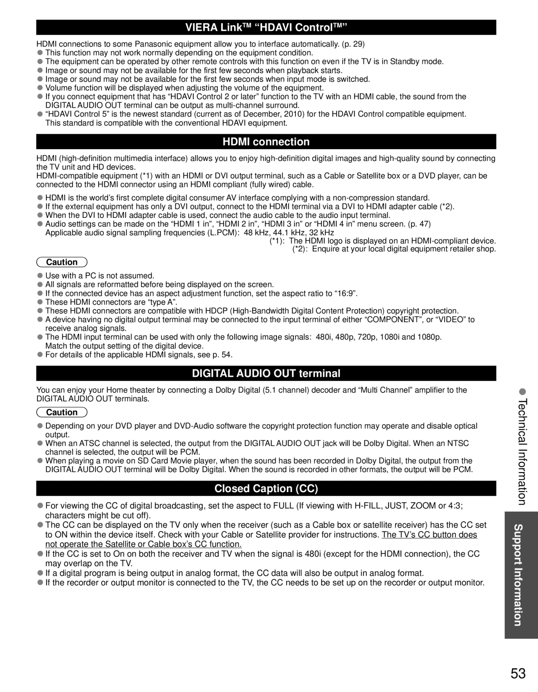 Panasonic TC-L42D30 owner manual Technical Information Support Information, Viera LinkTM Hdavi ControlTM, Hdmi connection 