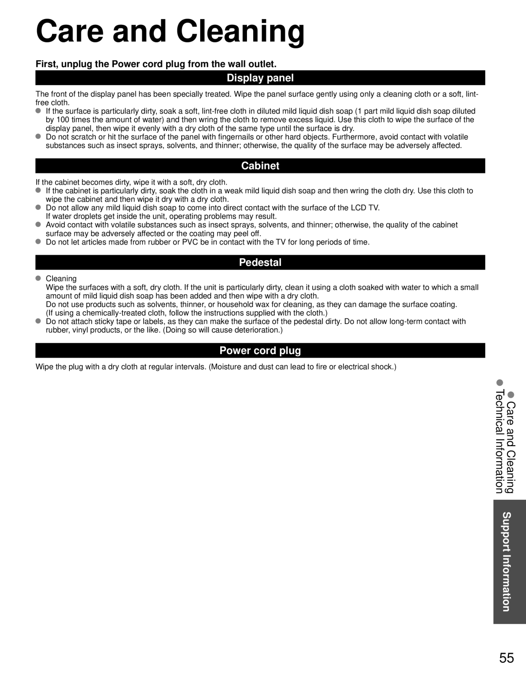 Panasonic TC-L42D30 owner manual Care and Cleaning, Display panel, Cabinet, Pedestal, Power cord plug 