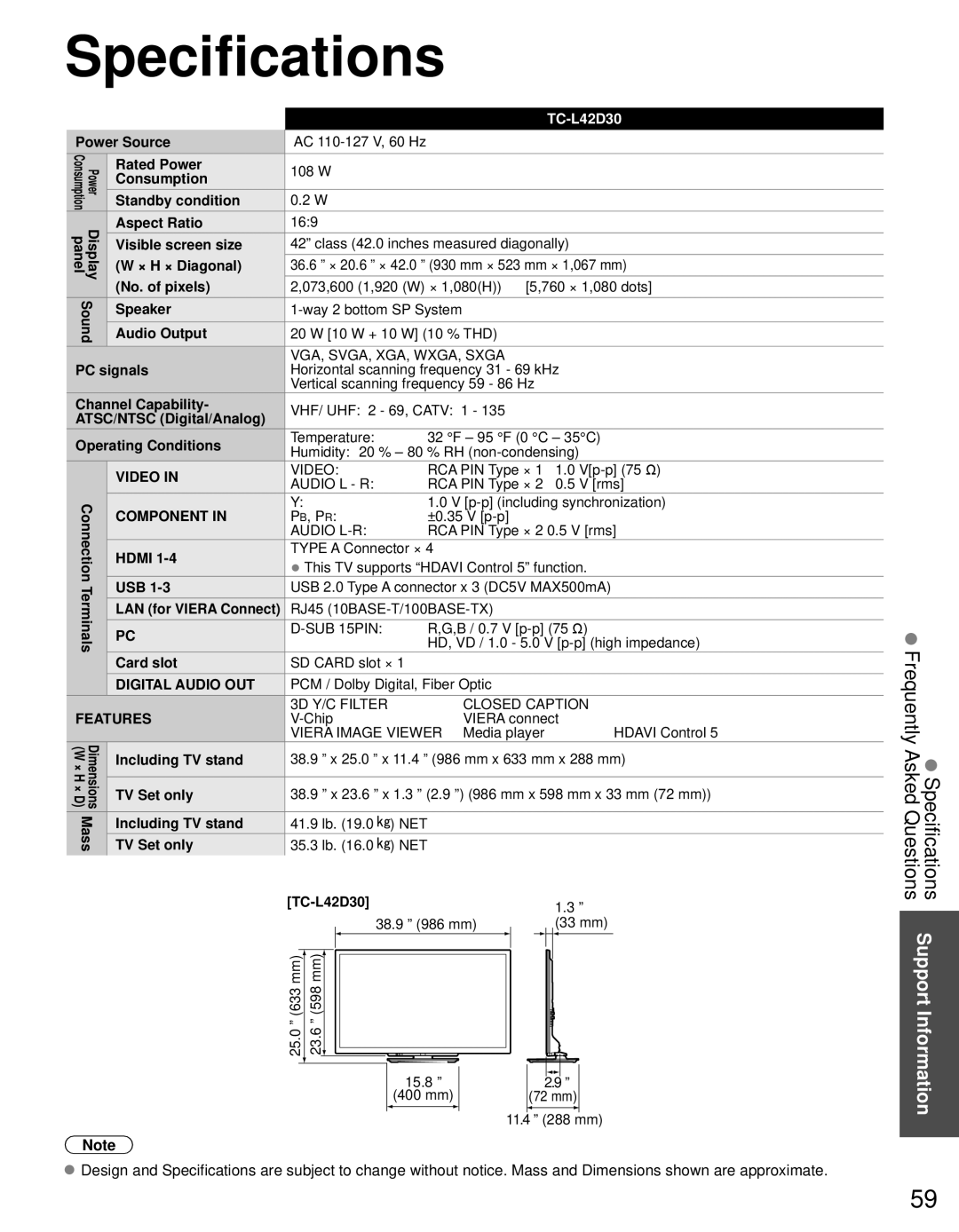 Panasonic TC-L42D30 owner manual Specifications 