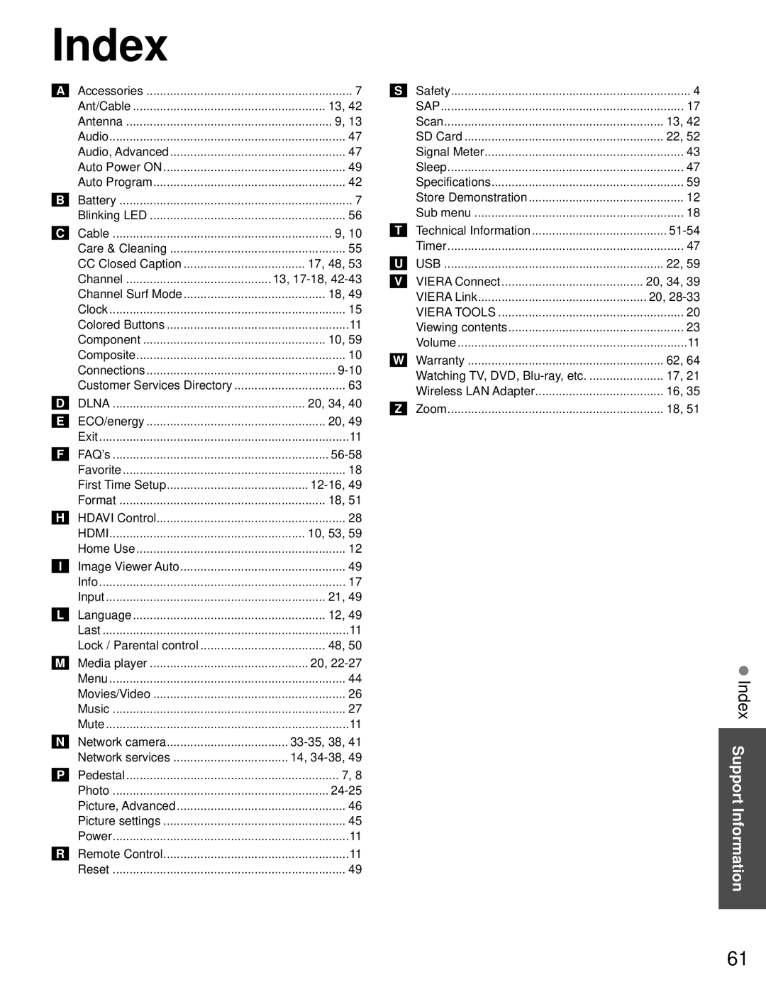 Panasonic TC-L42D30 owner manual Index Support Information 