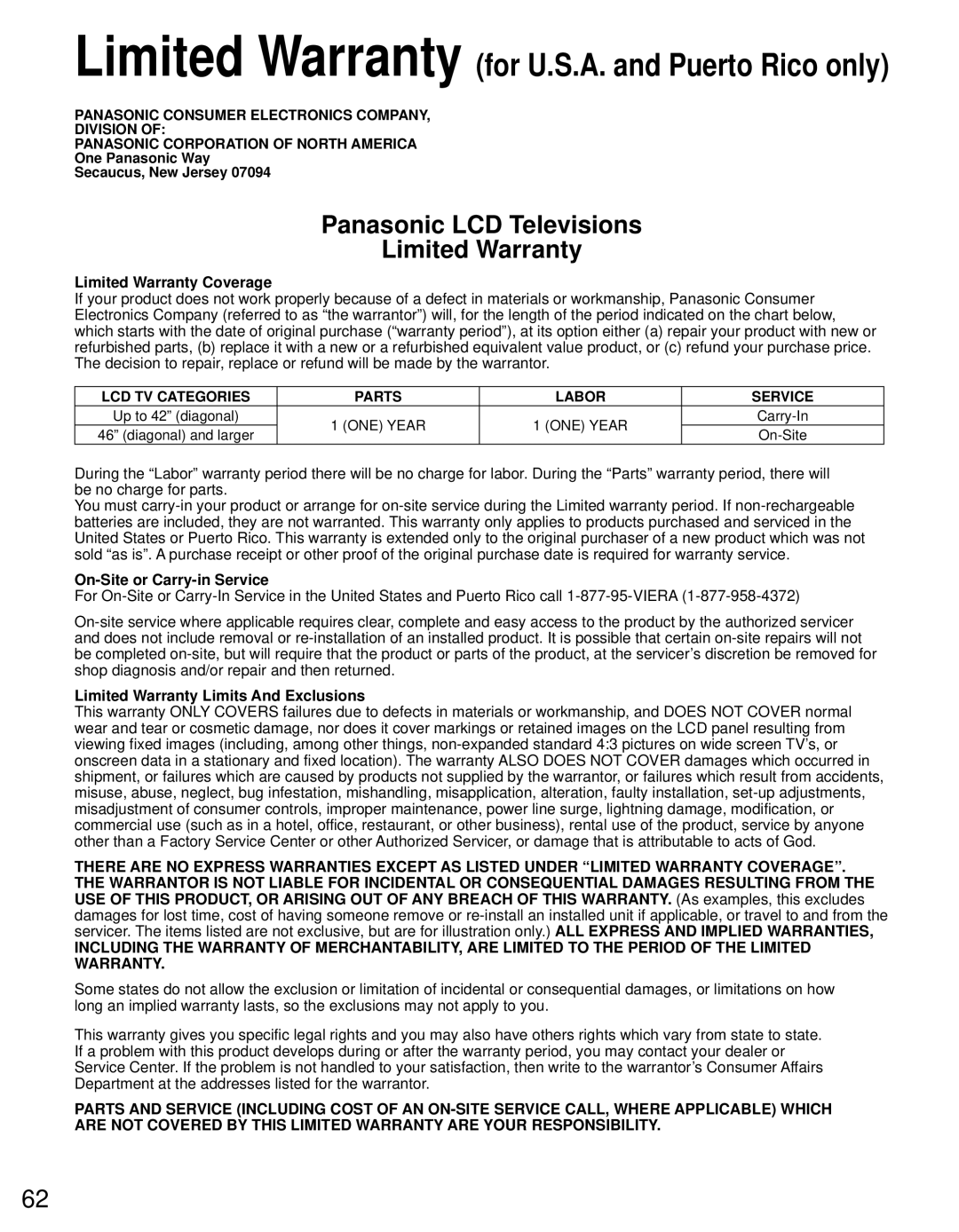 Panasonic TC-L42D30 Limited Warranty Coverage, On-Site or Carry-in Service, Limited Warranty Limits And Exclusions 