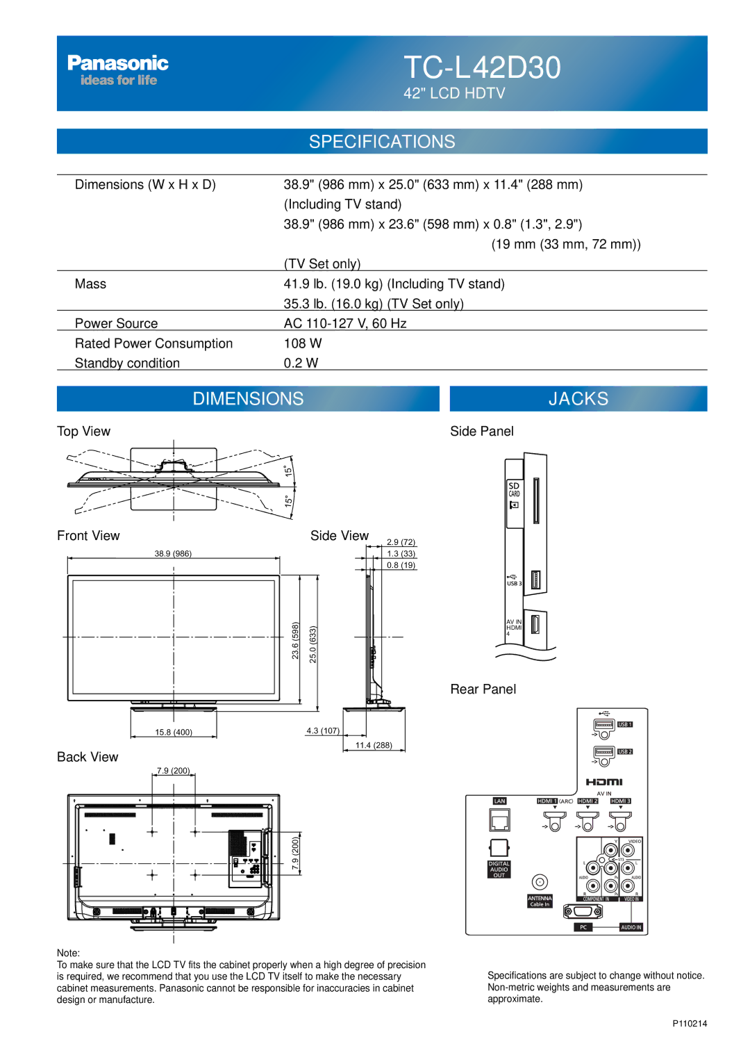 Panasonic TC-L42D30 owner manual Top View Side Panel Front View, Side View, Rear Panel, Back View 