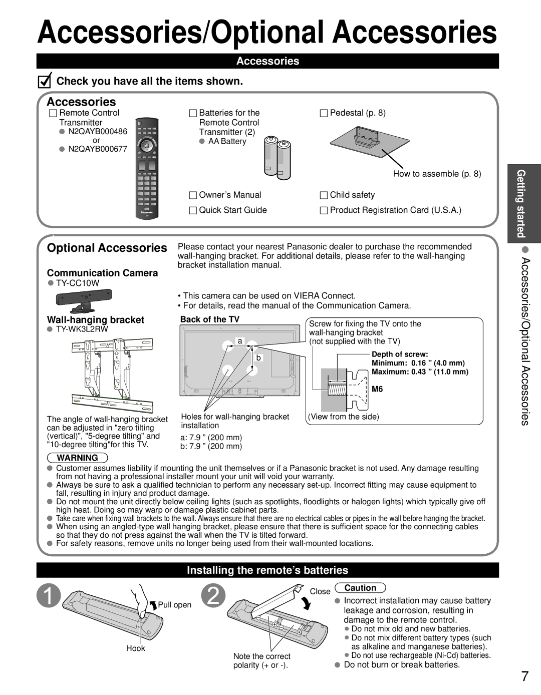 Panasonic TC-L42D30 owner manual Optional Accessories, Installing the remote’s batteries 