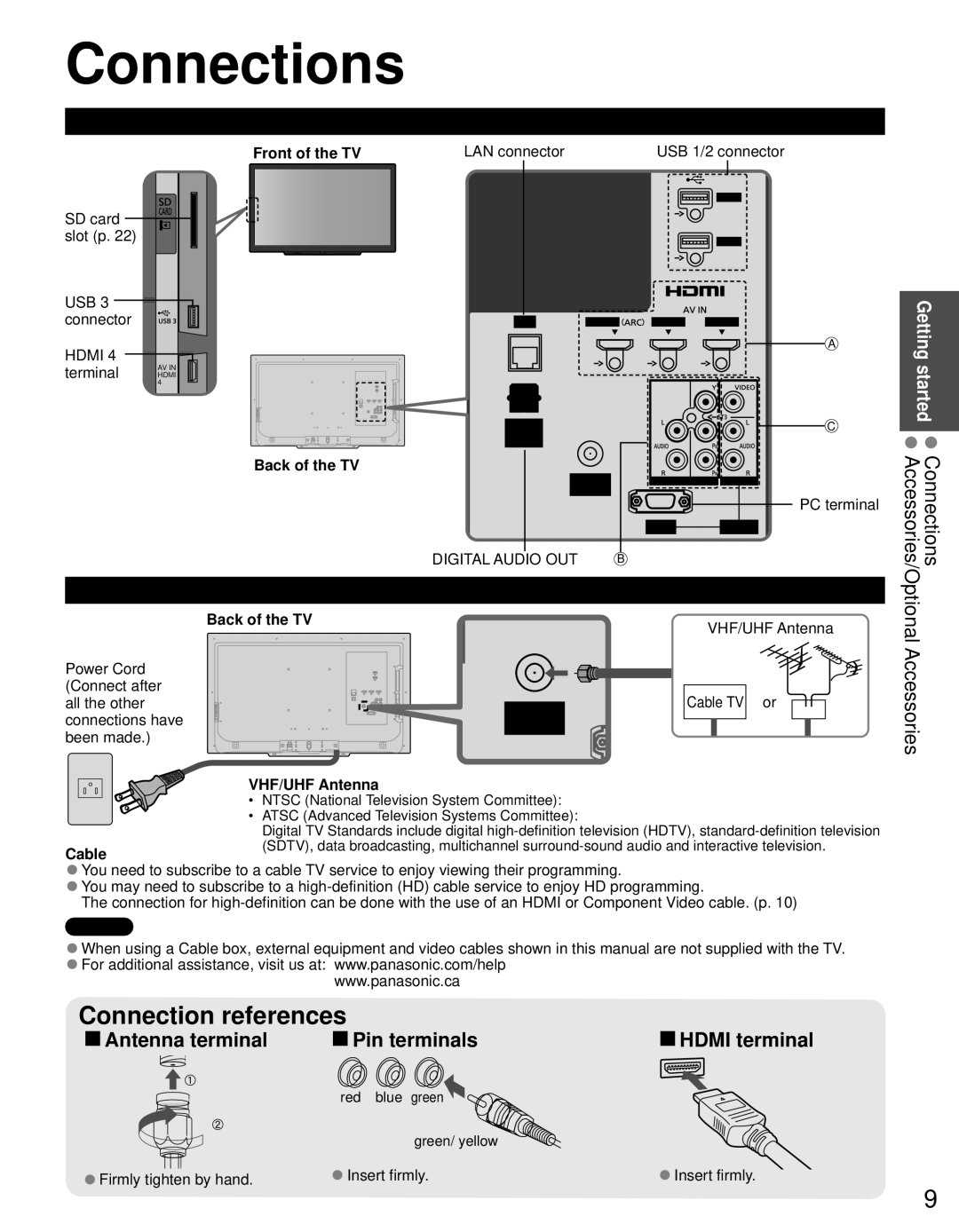 Panasonic TC-L42D30 owner manual Connections, Accessories, Connection Panels, Antenna or Cable connection, Front of the TV 