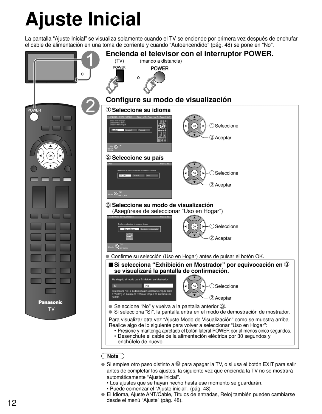 Panasonic TC-L42E3 Ajuste Inicial, Encienda el televisor con el interruptor Power, Configure su modo de visualización 