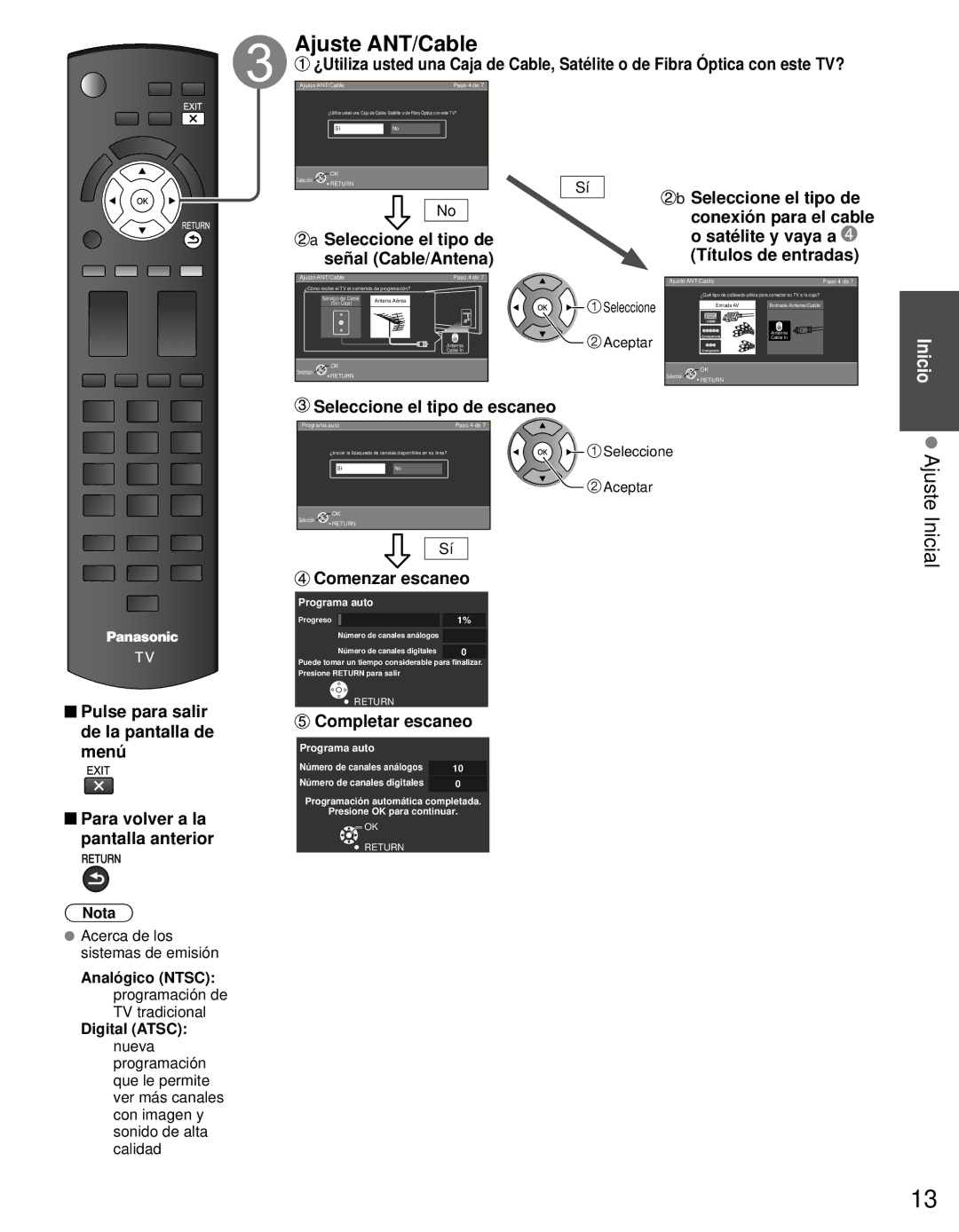 Panasonic TC-L42E3 owner manual Ajuste ANT/Cable, Ajuste Inicial 