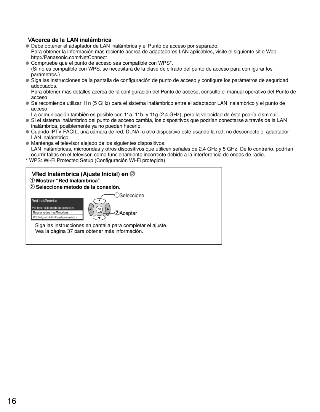 Panasonic TC-L42E3 owner manual Acerca de la LAN inalámbrica, Red Inalámbrica Ajuste Inicial en, Seleccione, Aceptar 