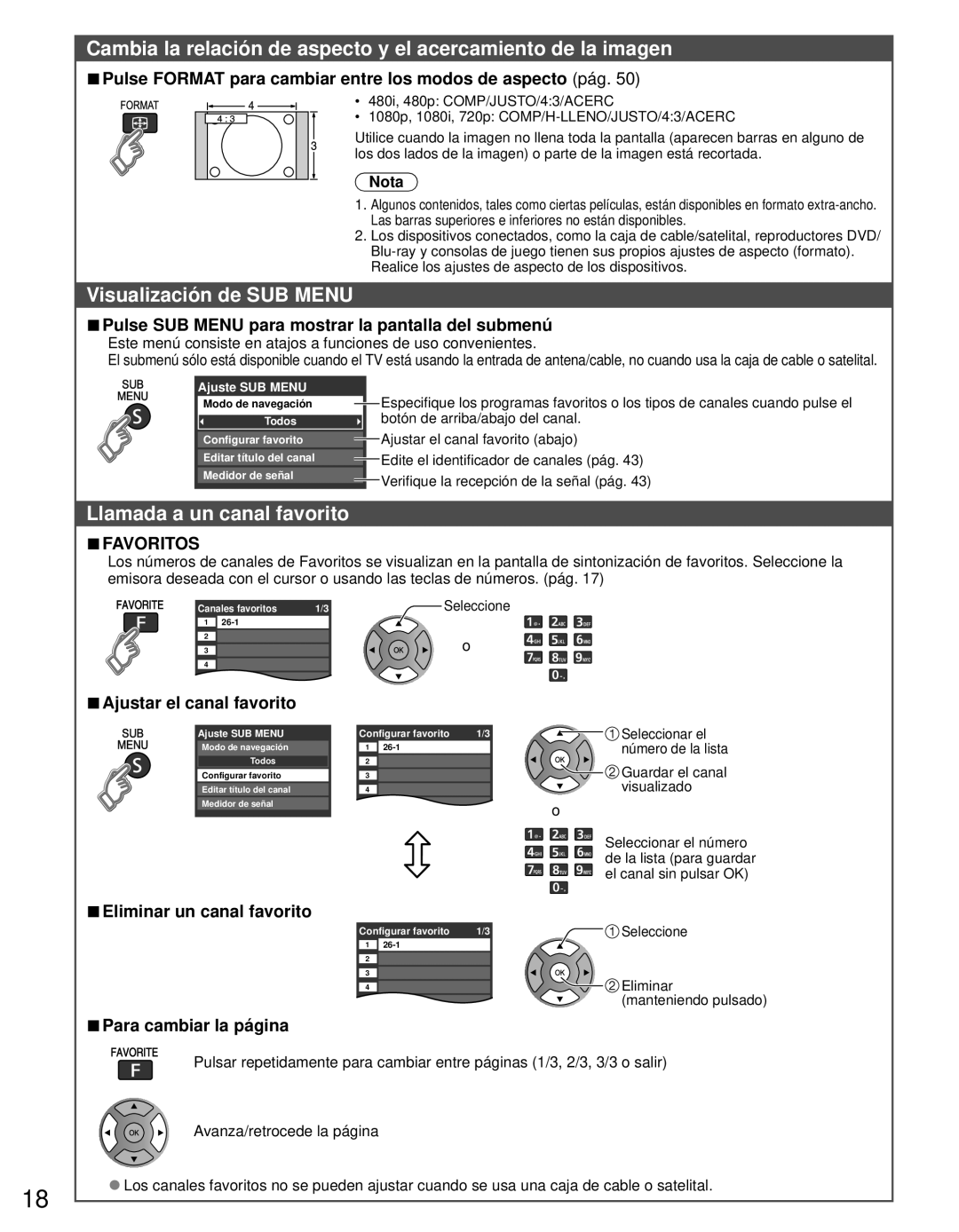 Panasonic TC-L42E3 owner manual Visualización de SUB Menu, Llamada a un canal favorito 