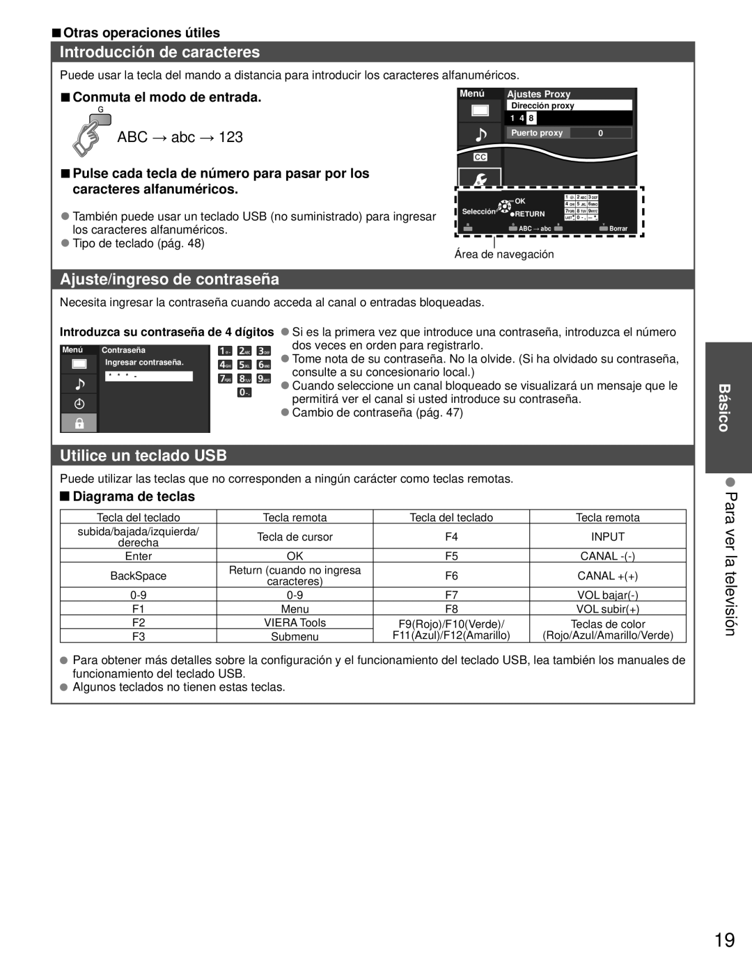 Panasonic TC-L42E3 owner manual Introducción de caracteres, Ajuste/ingreso de contraseña, Utilice un teclado USB 