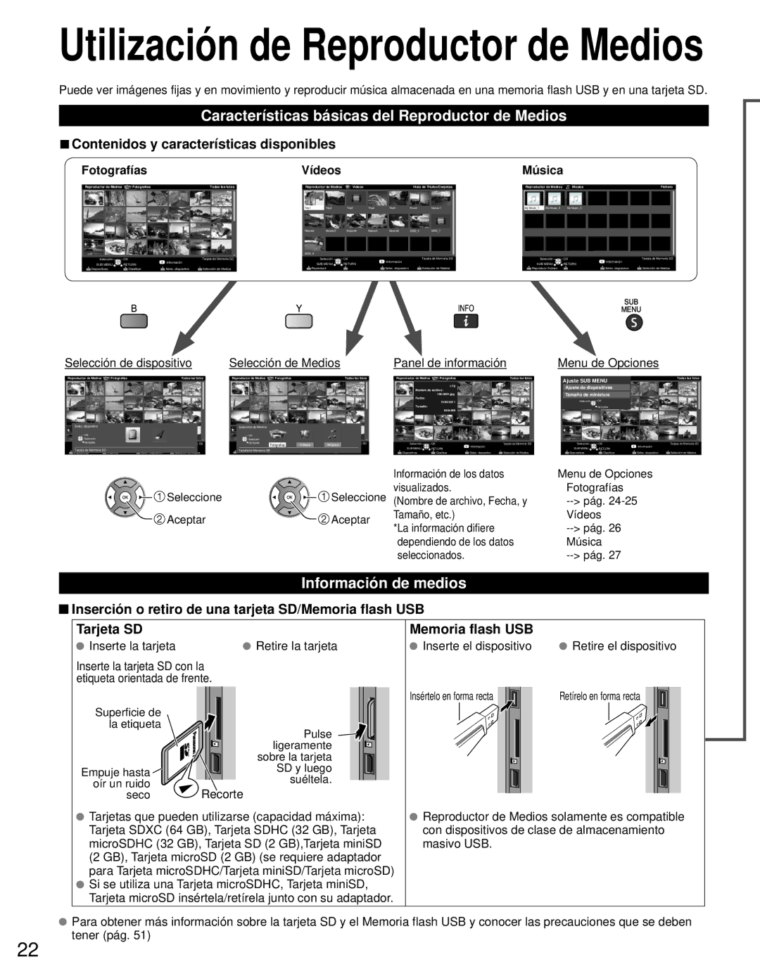 Panasonic TC-L42E3 owner manual Características básicas del Reproductor de Medios, Información de medios, Memoria flash USB 