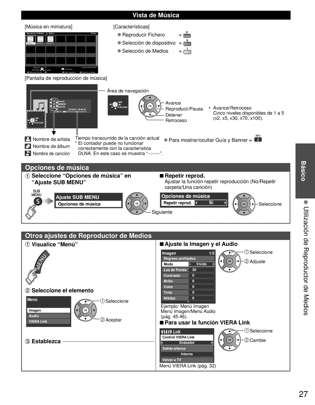 Panasonic TC-L42E3 Opciones de música, De Reproductor de Medios, Vista de Música, Otros ajustes de Reproductor de Medios 