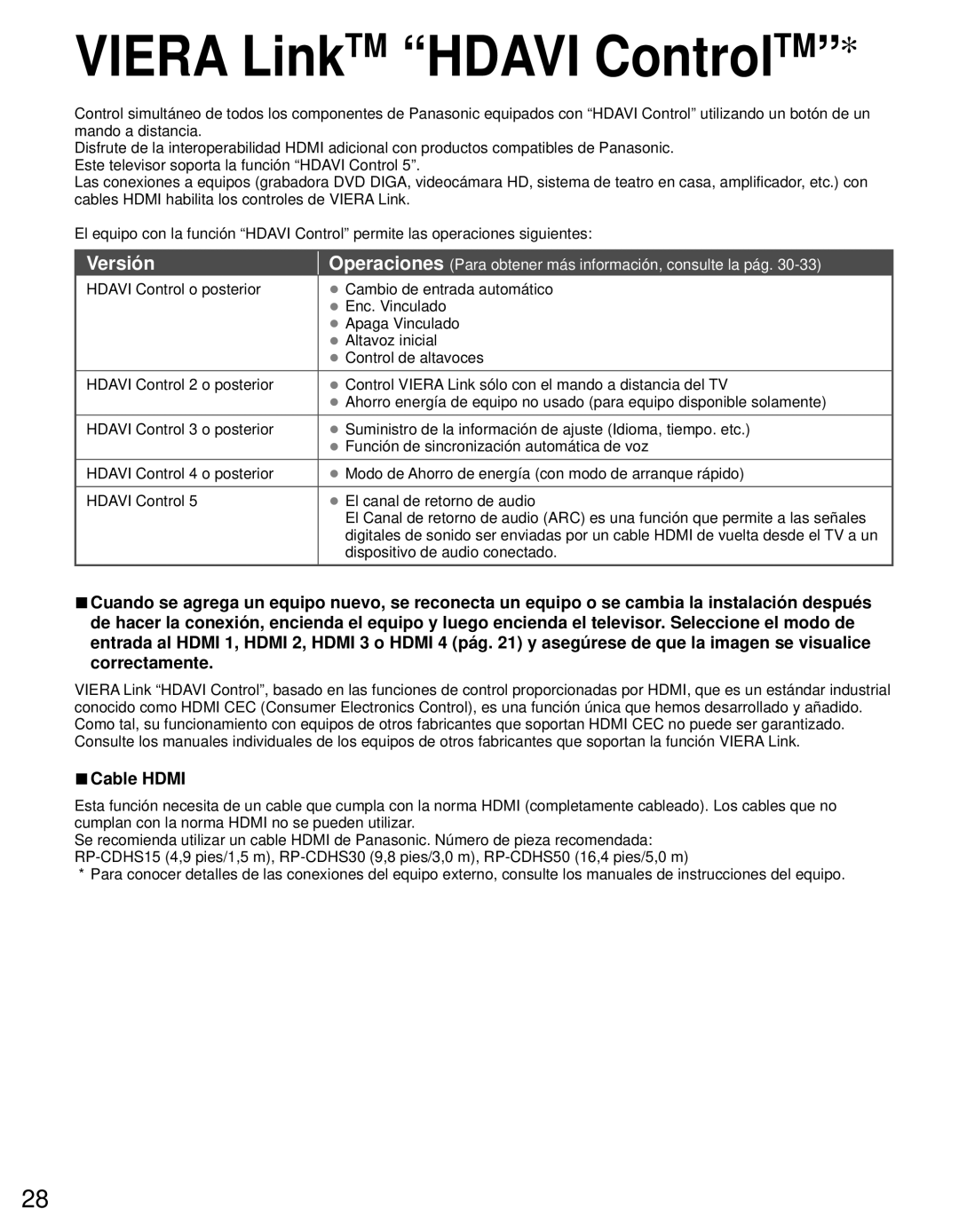 Panasonic TC-L42E3 owner manual Viera LinkTM Hdavi ControlTM, Versión, Cable Hdmi 