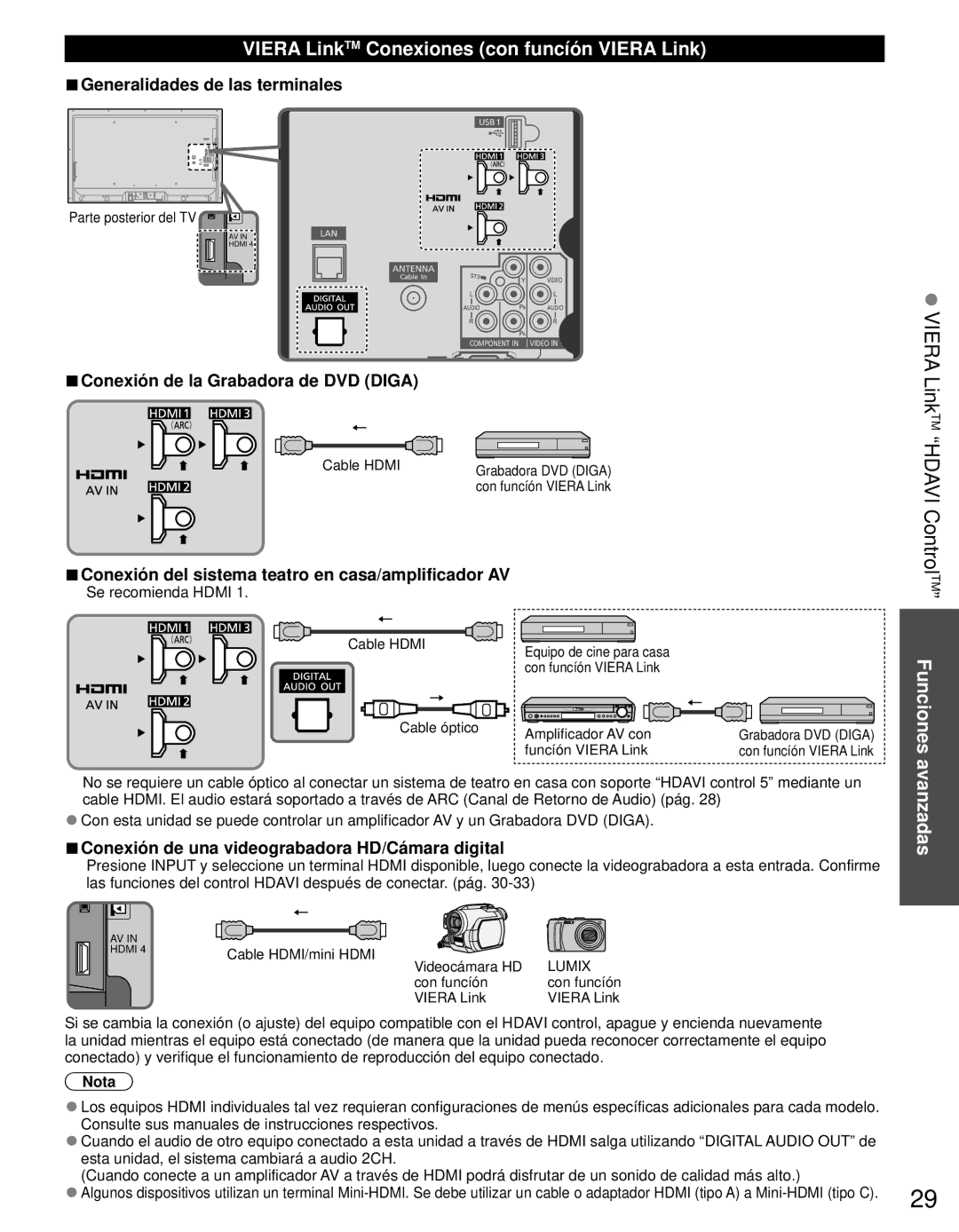 Panasonic TC-L42E3 Viera LinkTM Hdavi ControlTM Funciones avanzadas, Viera LinkTM Conexiones con funcíón Viera Link 