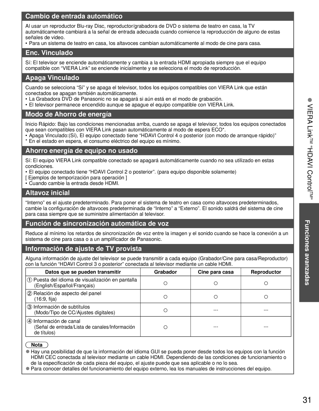 Panasonic TC-L42E3 owner manual Cambio de entrada automático, Enc. Vinculado, Apaga Vinculado, Modo de Ahorro de energía 