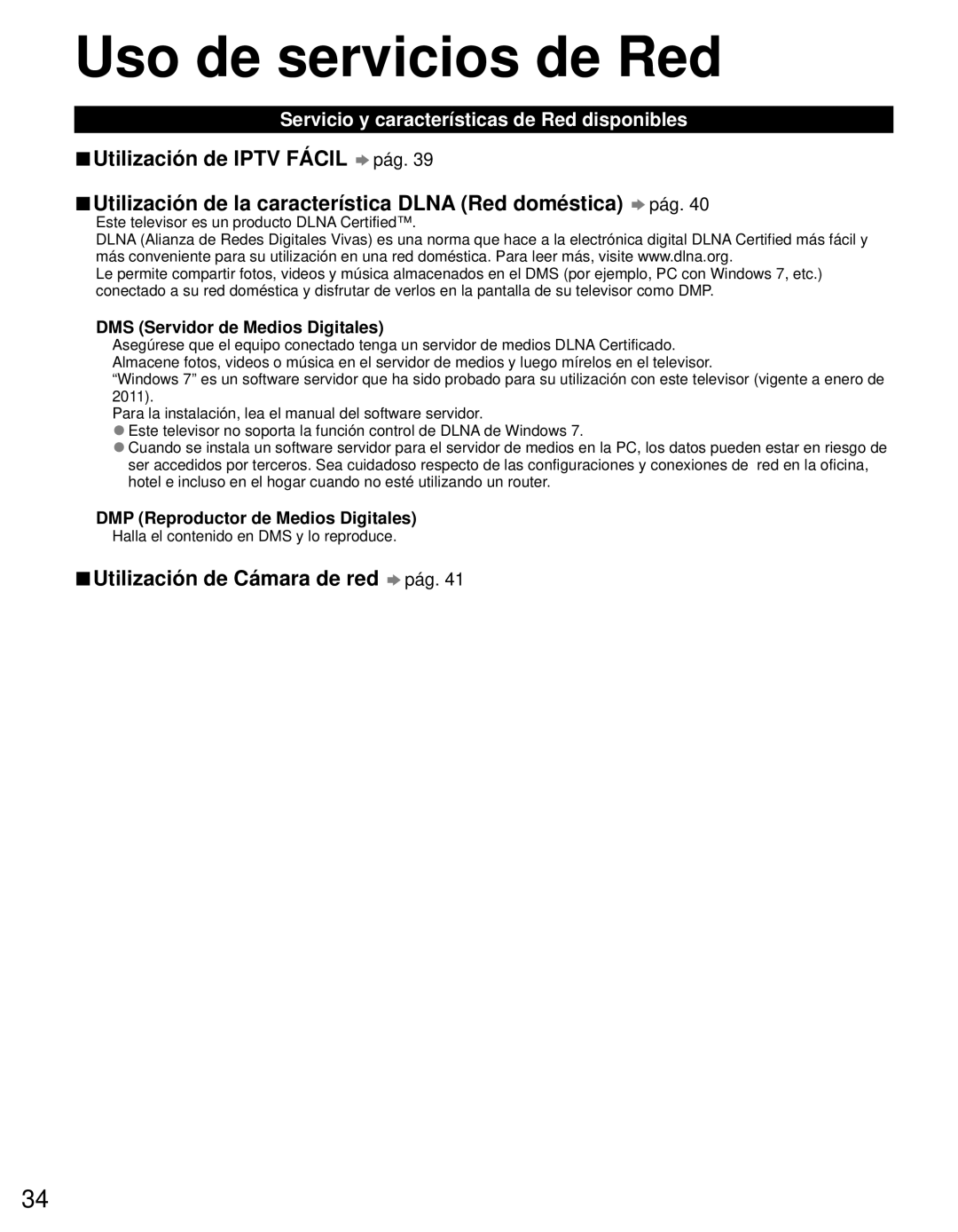 Panasonic TC-L42E3 owner manual Uso de servicios de Red, Utilización de la característica Dlna Red doméstica pág 