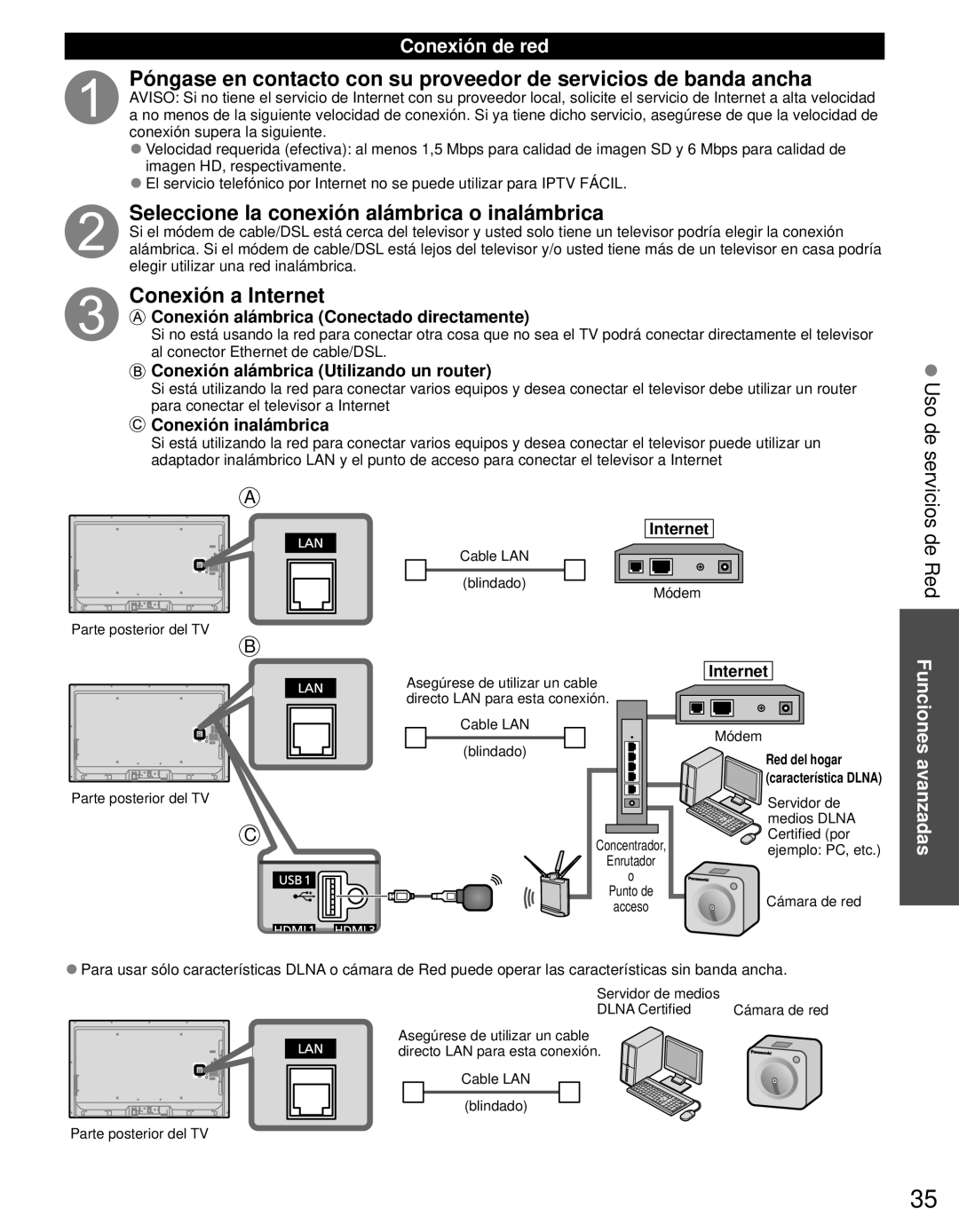 Panasonic TC-L42E3 Seleccione la conexión alámbrica o inalámbrica, Conexión a Internet, Uso de servicios de Red 