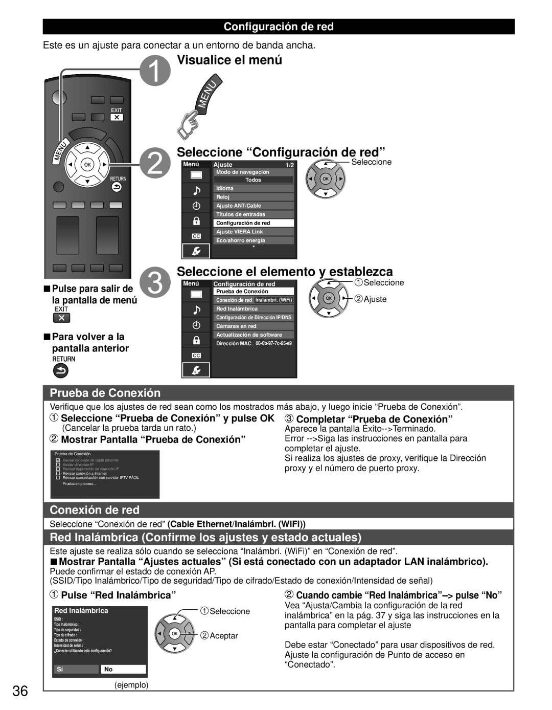 Panasonic TC-L42E3 Visualice el menú Seleccione Configuración de red, Seleccione el elemento y establezca, Conexión de red 